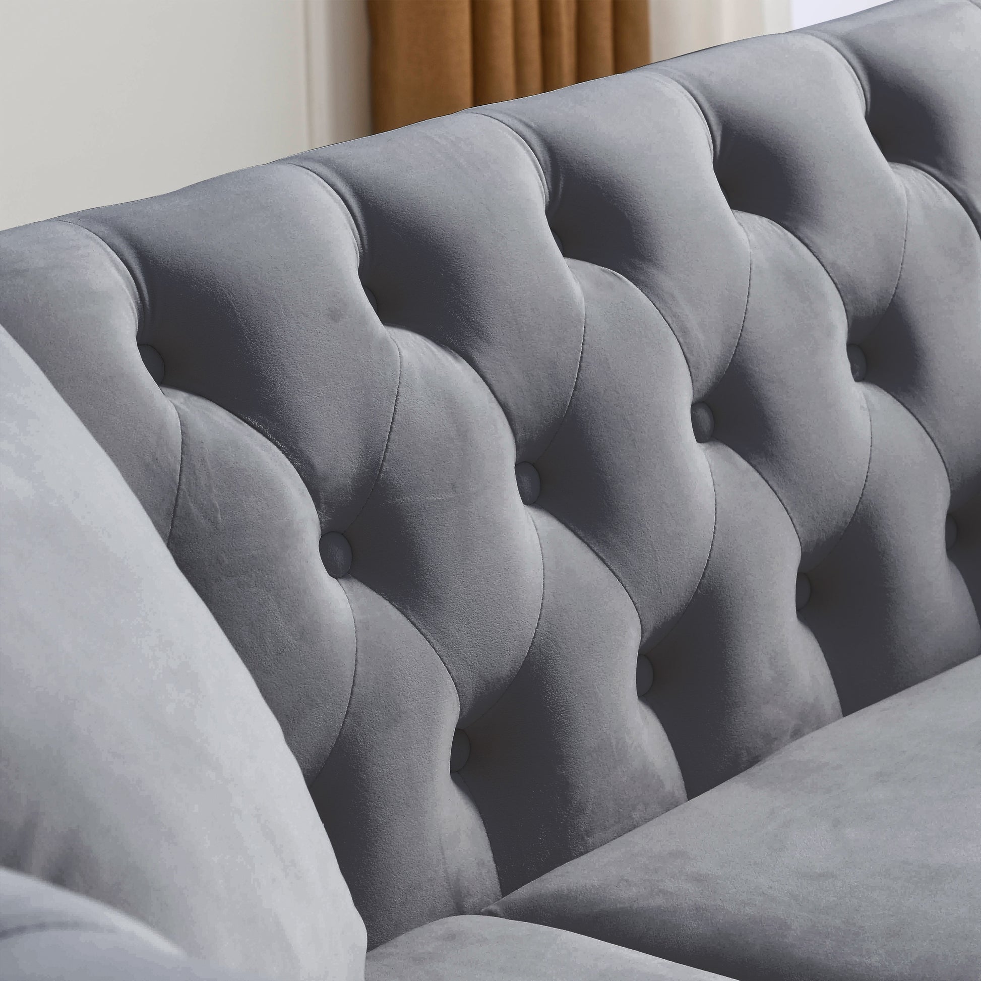 Video 80" Chesterfield Sofa Grey Velvet For Living Room, 3 Seater Sofa Tufted Couch With Rolled Arms And For Living Room, Bedroom, Office, Apartment, Two Pillowsw834S00009 Grey Foam Velvet