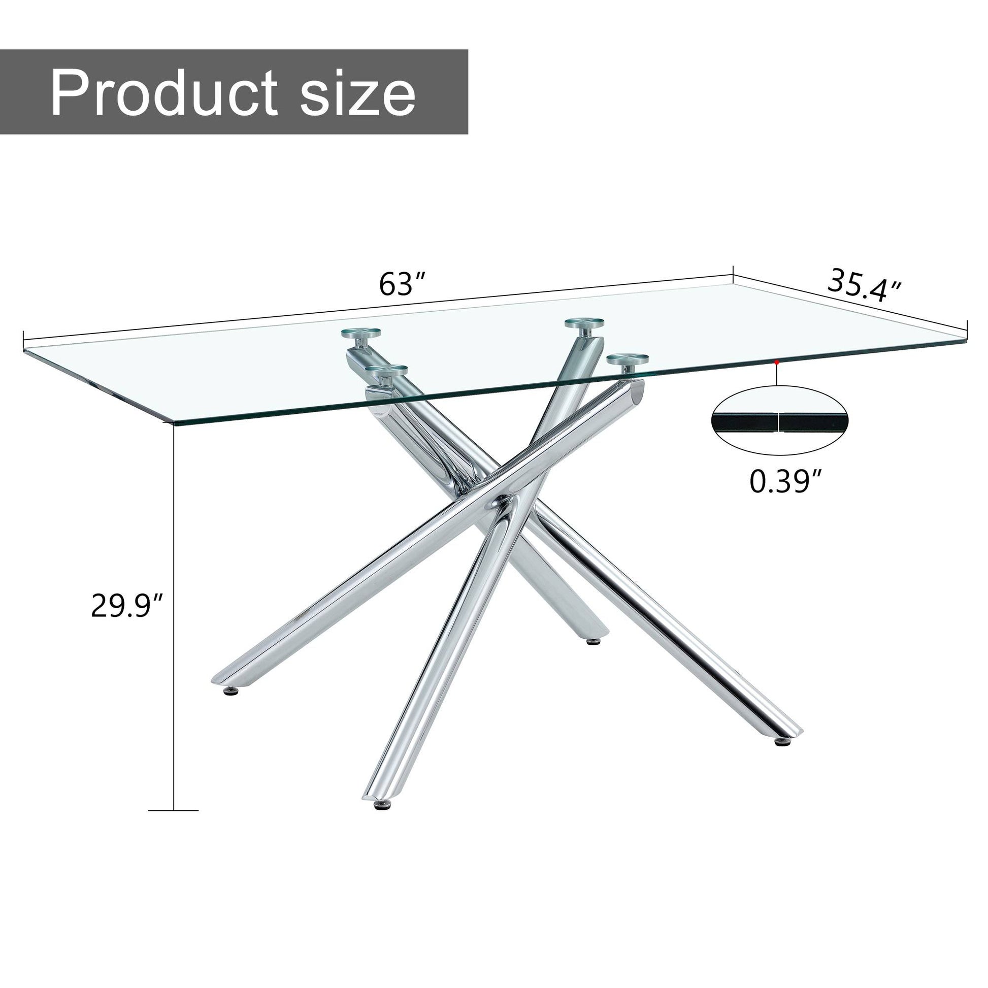 Large Modern Minimalist Rectangular Glass Dining Table For 6 8 With 0.39" Tempered Glass Tabletop And Silver Chrome Metal Legs, For Kitchen Dining Living Meeting Room Banquet Hall,63''X35''X 29''1537 Silver Glass
