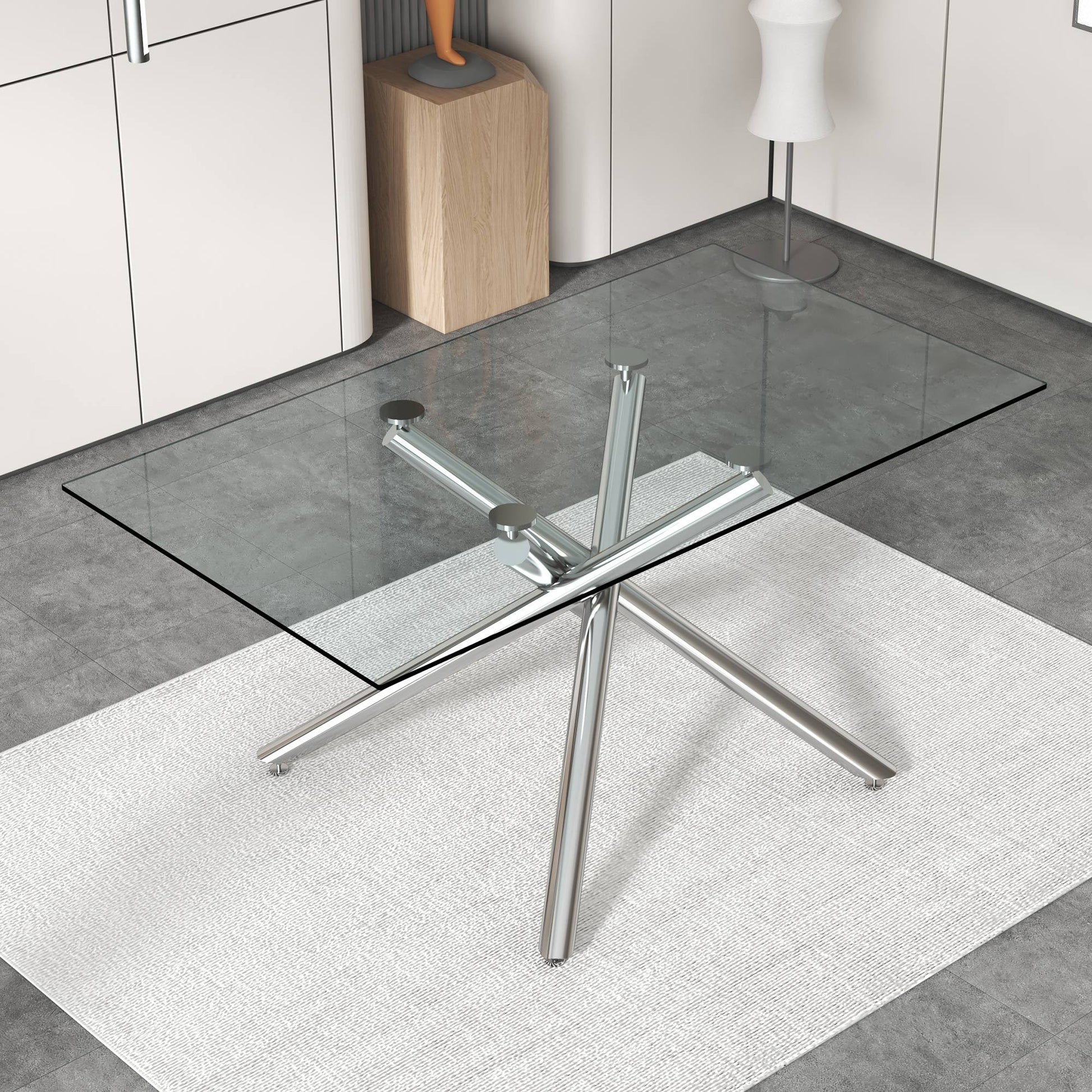 Large Modern Minimalist Rectangular Glass Dining Table For 6 8 With 0.39" Tempered Glass Tabletop And Silver Chrome Metal Legs, For Kitchen Dining Living Meeting Room Banquet Hall,63''X35''X 29''1537 Silver Glass