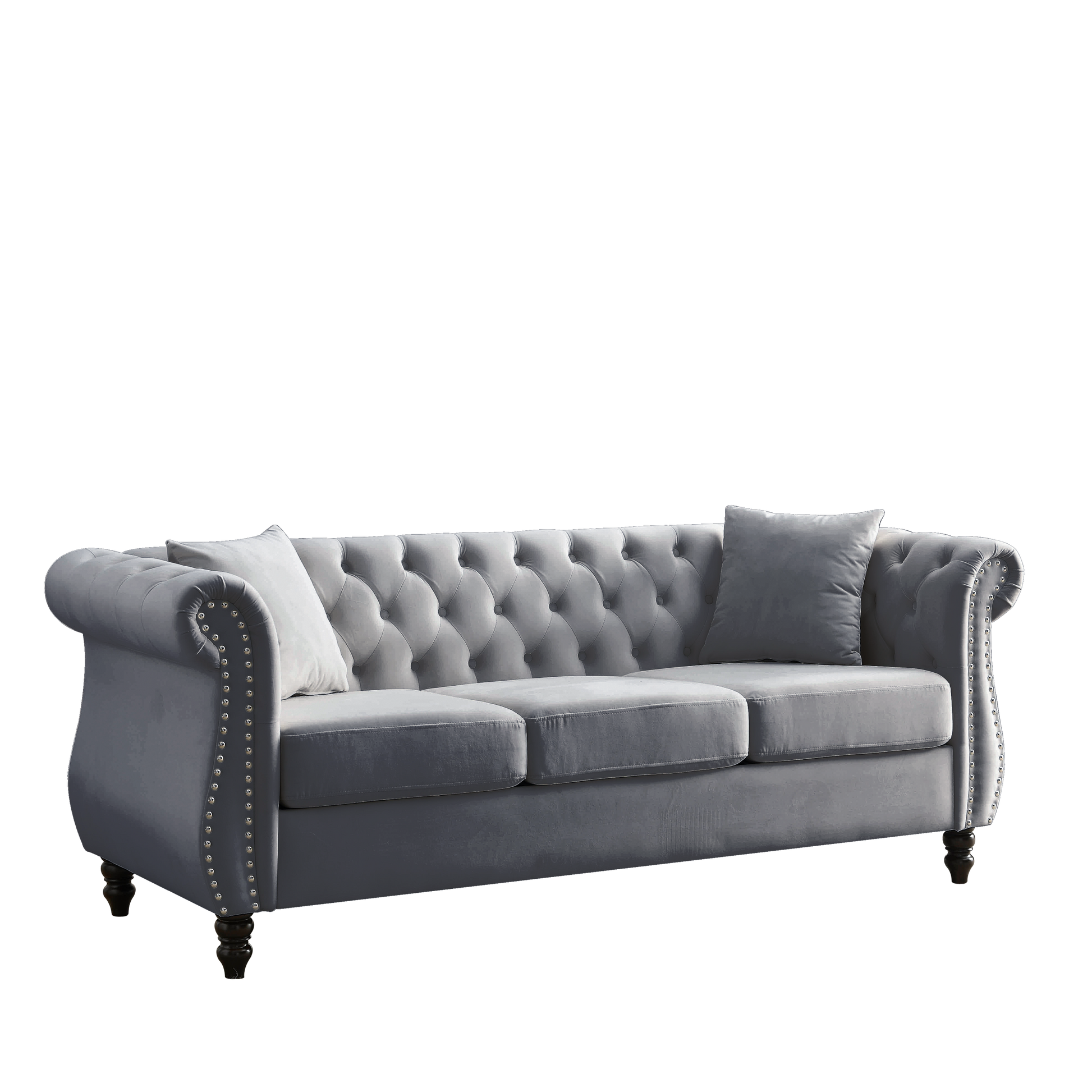 Video 80" Chesterfield Sofa Grey Velvet For Living Room, 3 Seater Sofa Tufted Couch With Rolled Arms And For Living Room, Bedroom, Office, Apartment, Two Pillowsw834S00009 Grey Foam Velvet