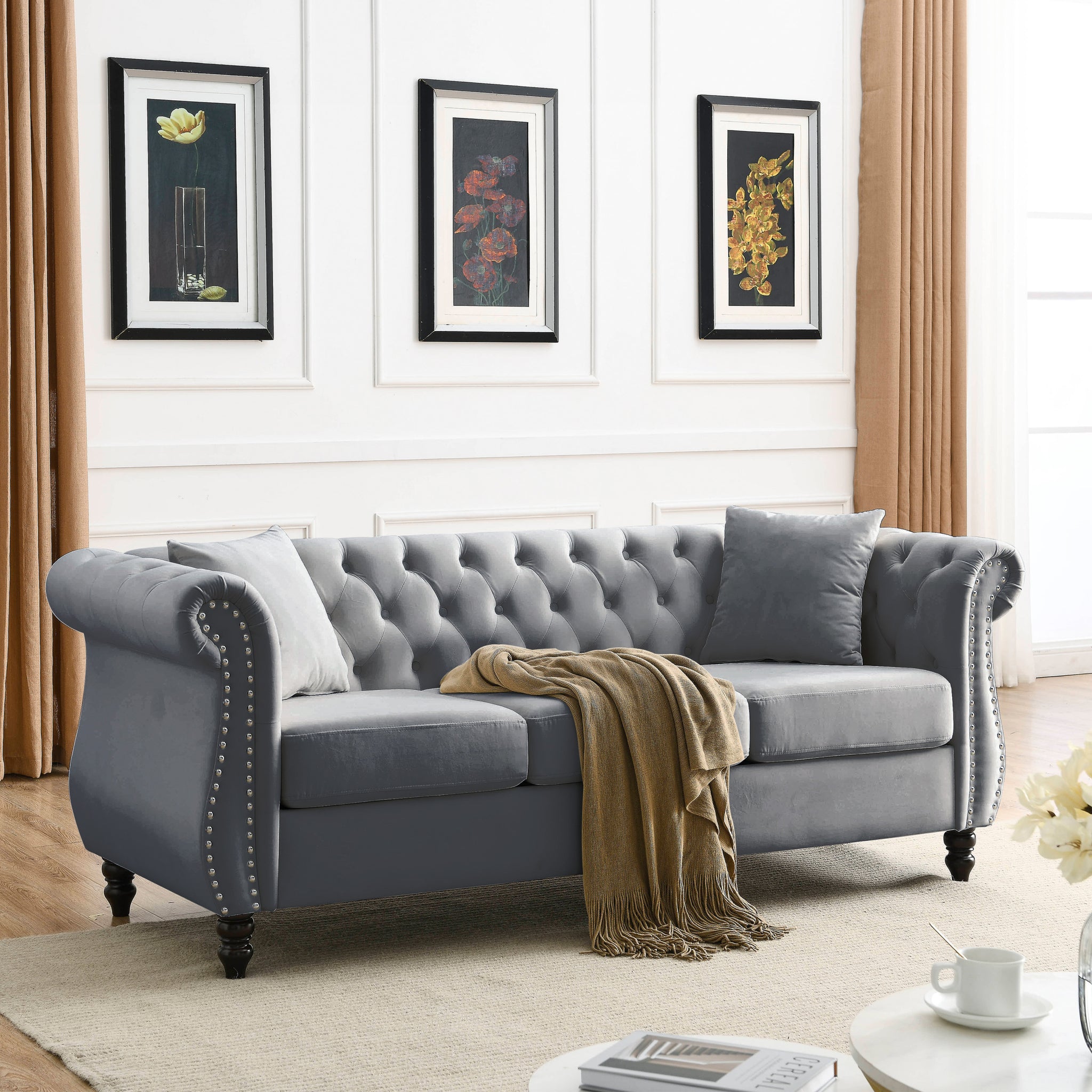 Video 80" Chesterfield Sofa Grey Velvet For Living Room, 3 Seater Sofa Tufted Couch With Rolled Arms And For Living Room, Bedroom, Office, Apartment, Two Pillowsw834S00009 Grey Foam Velvet