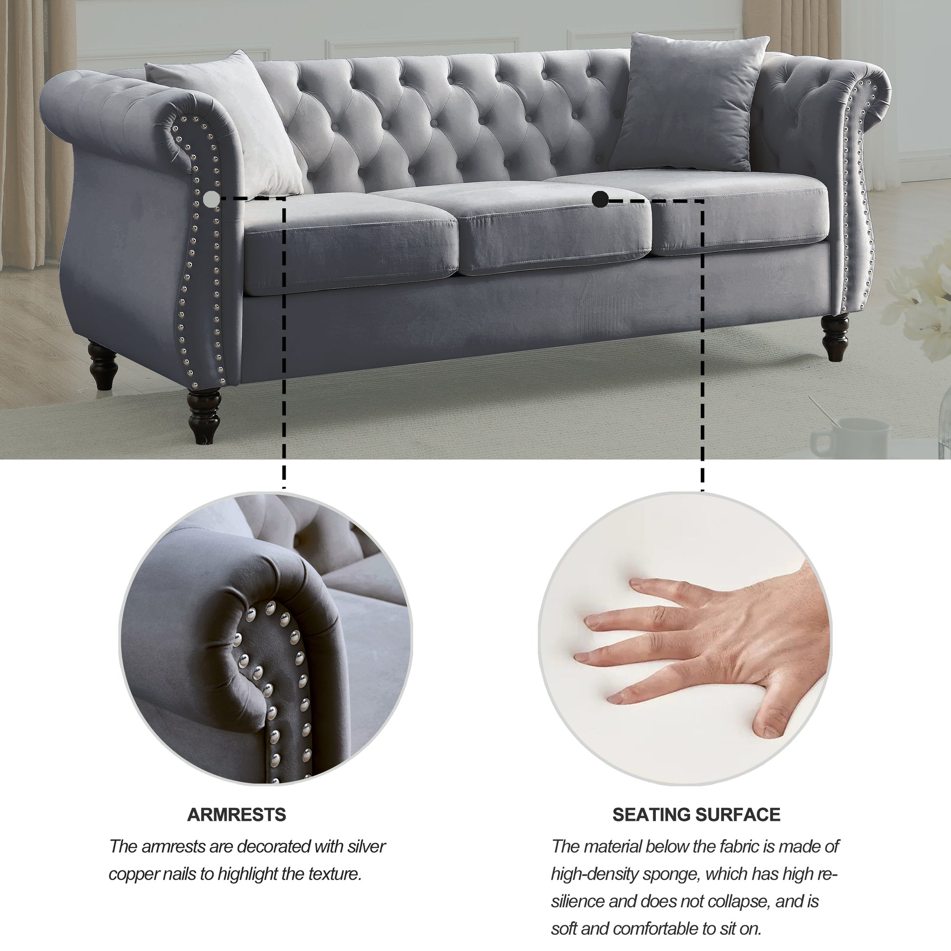 Video 80" Chesterfield Sofa Grey Velvet For Living Room, 3 Seater Sofa Tufted Couch With Rolled Arms And For Living Room, Bedroom, Office, Apartment, Two Pillowsw834S00009 Grey Foam Velvet