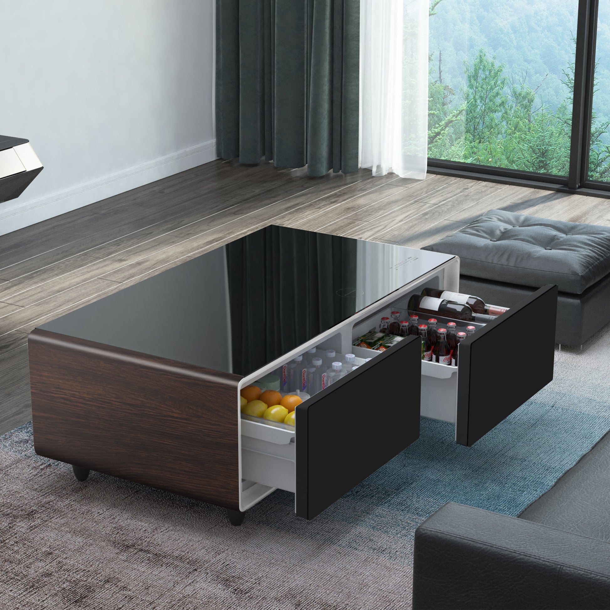 Modern Smart Coffee Table With Built In Fridge, Bluetooth Speaker, Wireless Charging Module, Touch Control Panel, Power Socket, Usb Interface, Outlet Protection, Atmosphere Light, And More, Brown Black Brown Built In Outlets Or Usb Primary Living Space