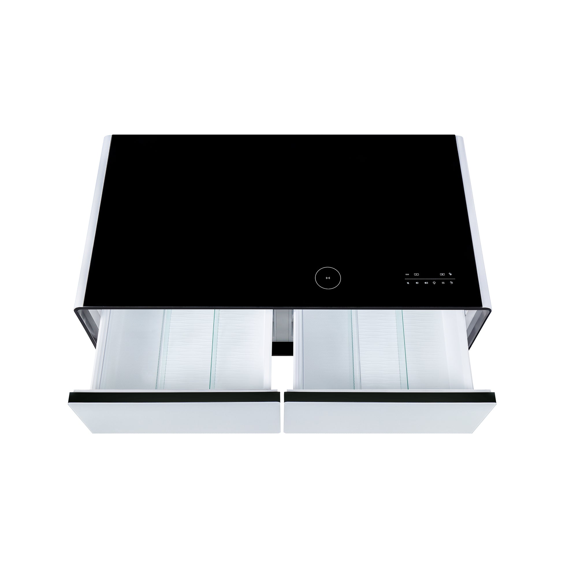 Modern Smart Coffee Table With Built In Fridge, Bluetooth Speaker, Wireless Charging Module, Touch Control Panel, Power Socket, Usb Interface, Outlet Protection, Atmosphere Light, White White Black Built In Outlets Or Usb Primary Living Space