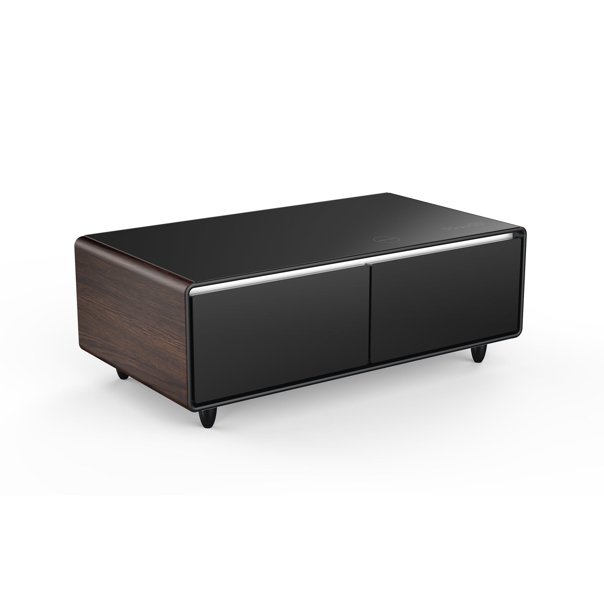 Modern Smart Coffee Table With Built In Fridge, Bluetooth Speaker, Wireless Charging Module, Touch Control Panel, Power Socket, Usb Interface, Outlet Protection, Atmosphere Light, And More, Brown Black Brown Built In Outlets Or Usb Primary Living Space
