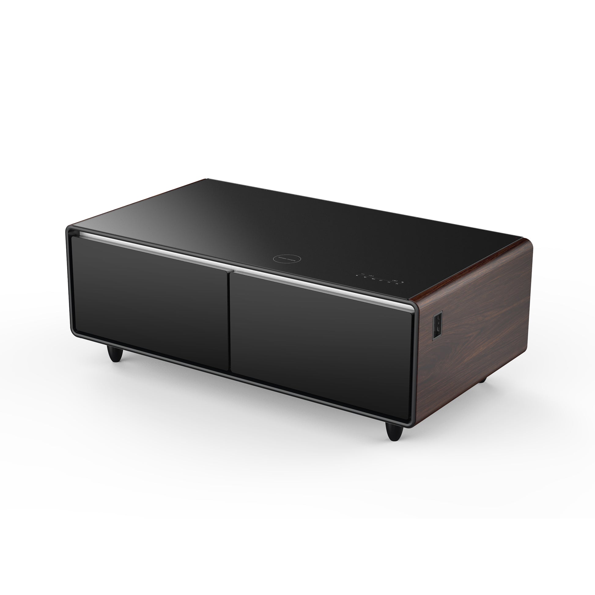 Modern Smart Coffee Table With Built In Fridge, Bluetooth Speaker, Wireless Charging Module, Touch Control Panel, Power Socket, Usb Interface, Outlet Protection, Atmosphere Light, And More, Brown Black Brown Built In Outlets Or Usb Primary Living Space