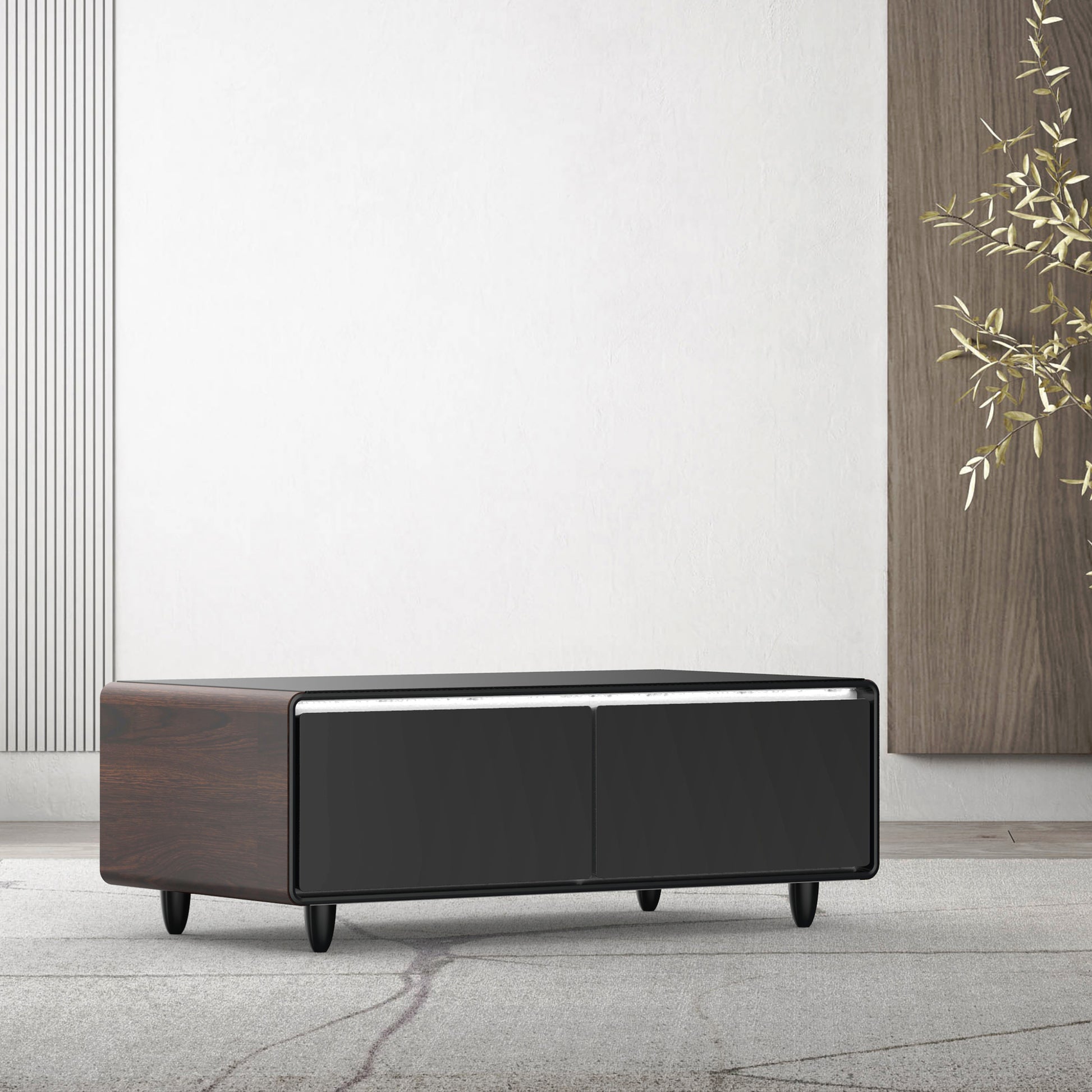 Modern Smart Coffee Table With Built In Fridge, Bluetooth Speaker, Wireless Charging Module, Touch Control Panel, Power Socket, Usb Interface, Outlet Protection, Atmosphere Light, And More, Brown Black Brown Built In Outlets Or Usb Primary Living Space
