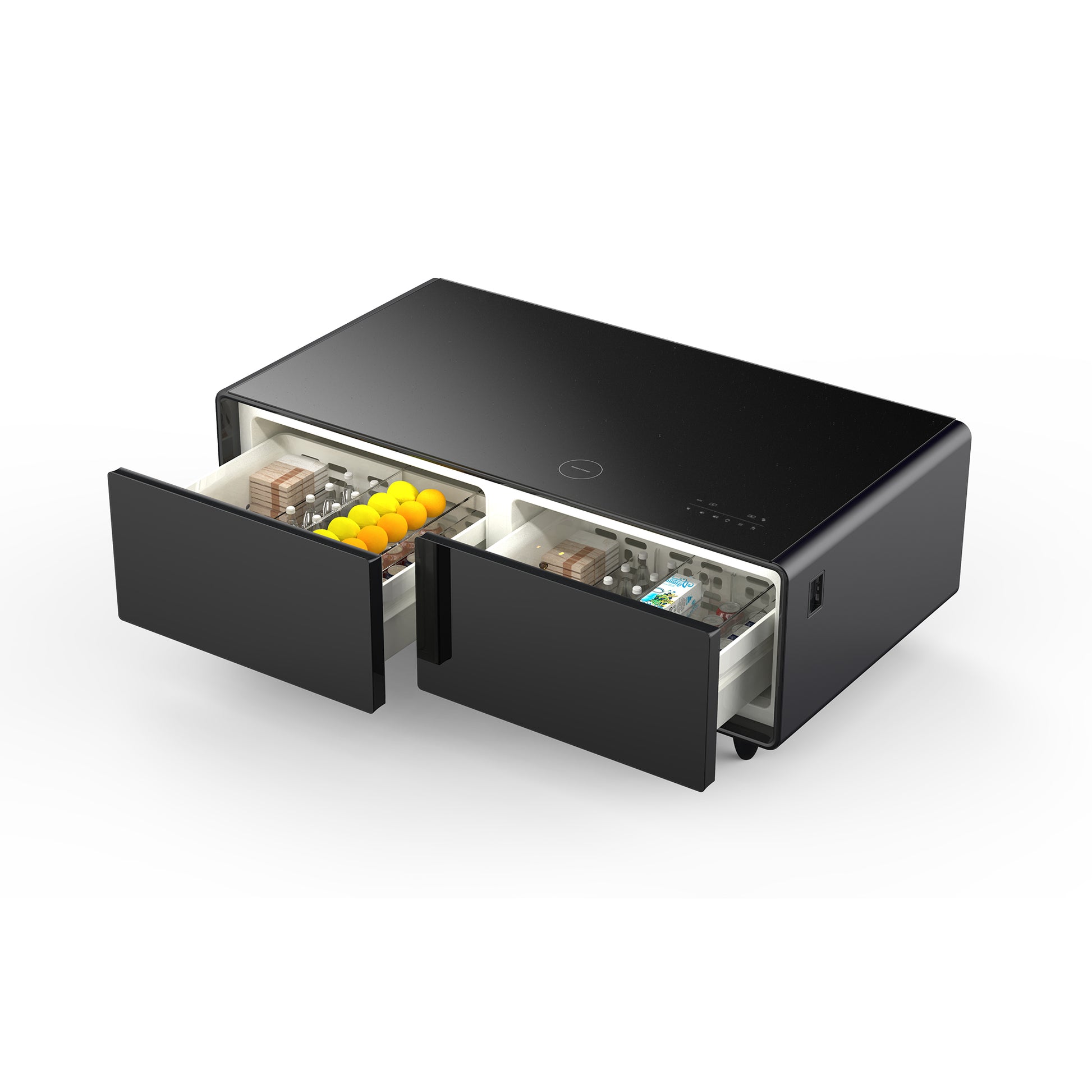 Modern Smart Coffee Table With Built In Fridge, Bluetooth Speaker, Wireless Charging Module, Touch Control Panel, Power Socket, Usb Interface, Outlet Protection, Atmosphere Light, Black Black