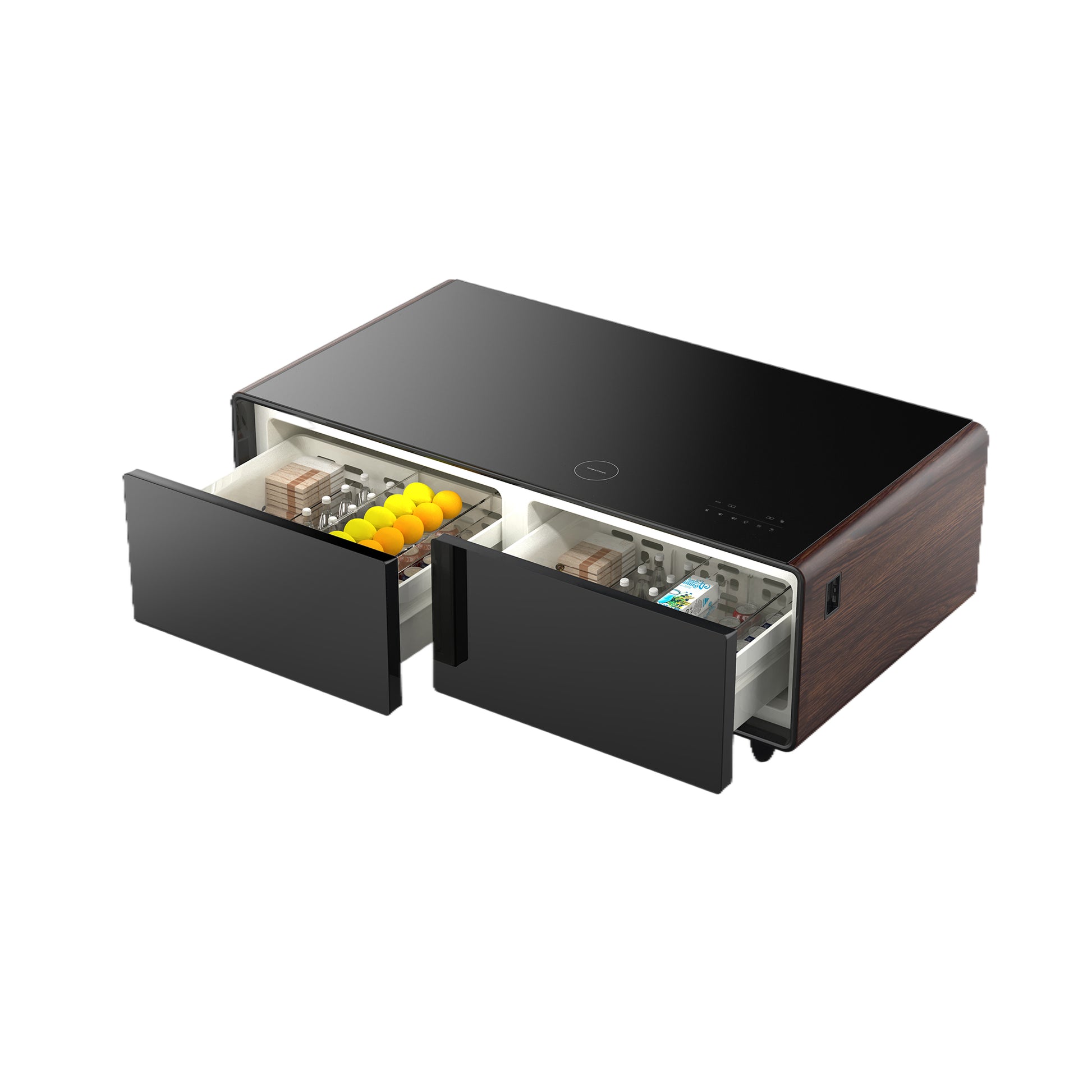 Modern Smart Coffee Table With Built In Fridge, Bluetooth Speaker, Wireless Charging Module, Touch Control Panel, Power Socket, Usb Interface, Outlet Protection, Atmosphere Light, And More, Brown Black Brown Built In Outlets Or Usb Primary Living Space