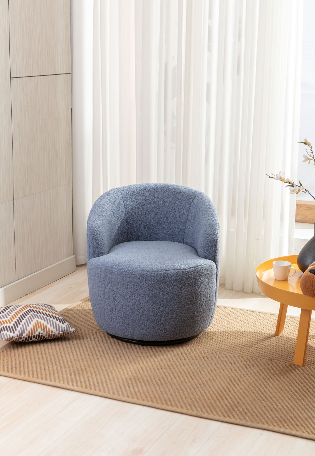 Teddy Fabric Swivel Accent Armchair Barrel Chair With Black Powder Coating Metal Ring,Light Blue Light Blue Foam Wool