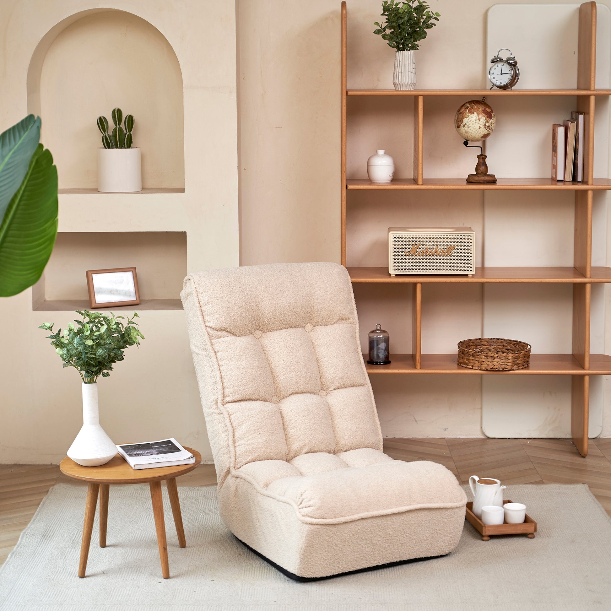 Single Sofa Reclining Chair Japanese Chair Lazy Sofa Tatami Balcony Reclining Chair Leisure Sofa Adjustable Chair White Cotton Metal