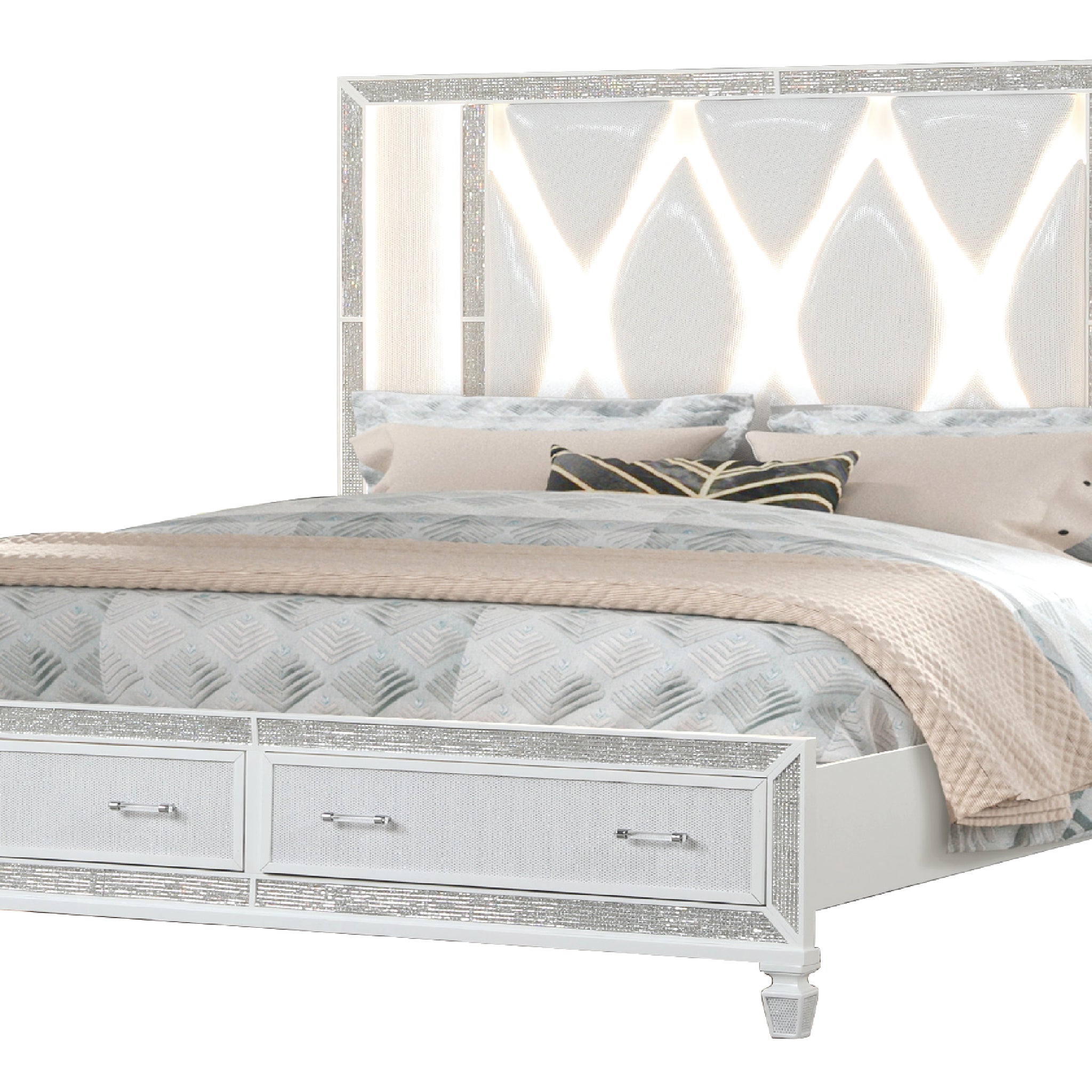 Crystal King Storage Bed Made With Wood Finished In White Box Spring Not Required King White Wood Bedroom Contemporary,Modern Slat Beds Solid Wood Mdf Polyester Wood