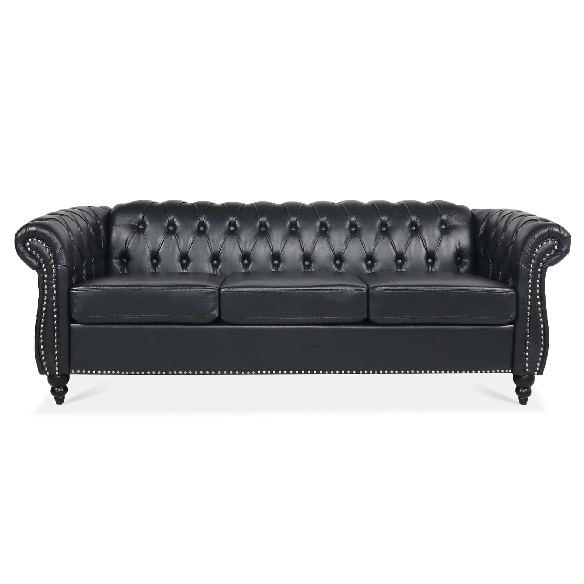 84.65" Black Pu Rolled Arm Chesterfield Three Seater Sofa. Black Foam Pu
