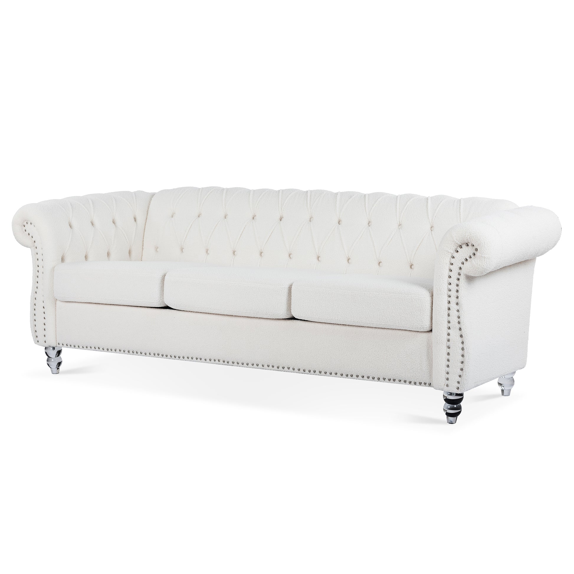 84.65" Rolled Arm Chesterfield 3 Seater Sofa White Polyester 3 Seat