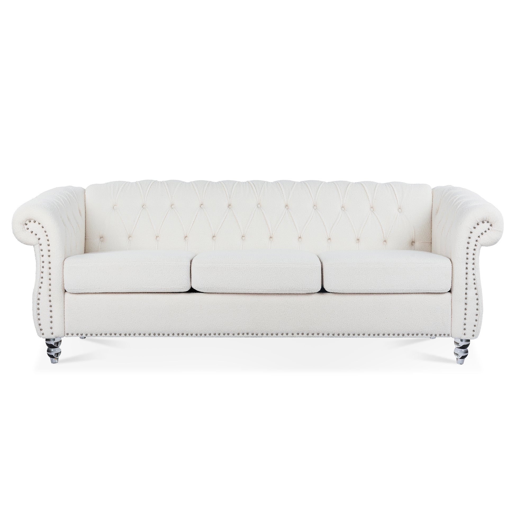84.65" Rolled Arm Chesterfield 3 Seater Sofa White Polyester 3 Seat