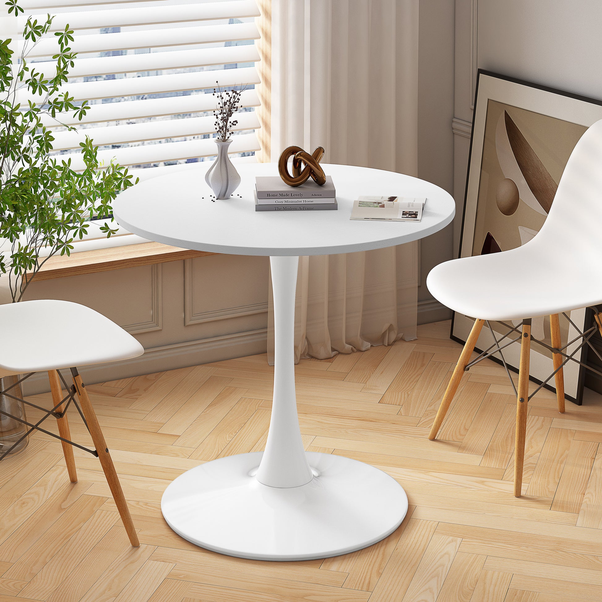 32"Modern Round Dining Table With Round Mdf Table Top,Metal Base Dining Table, End Table Leisure Coffee Table,White White Mdf