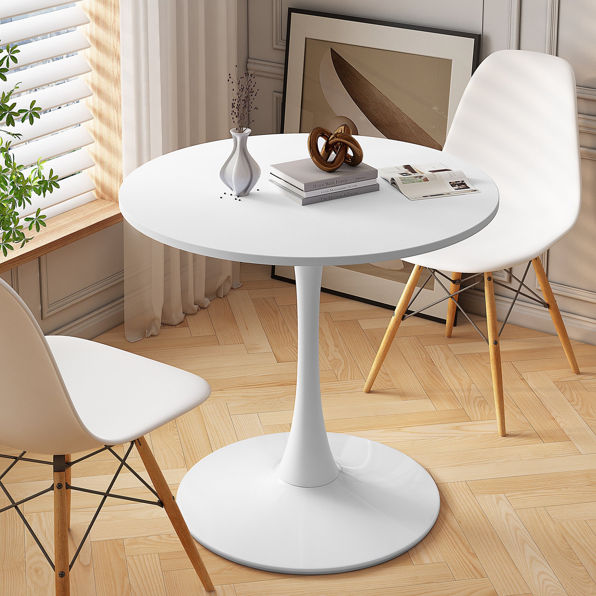 32"Modern Round Dining Table With Round Mdf Table Top,Metal Base Dining Table, End Table Leisure Coffee Table,White White Mdf