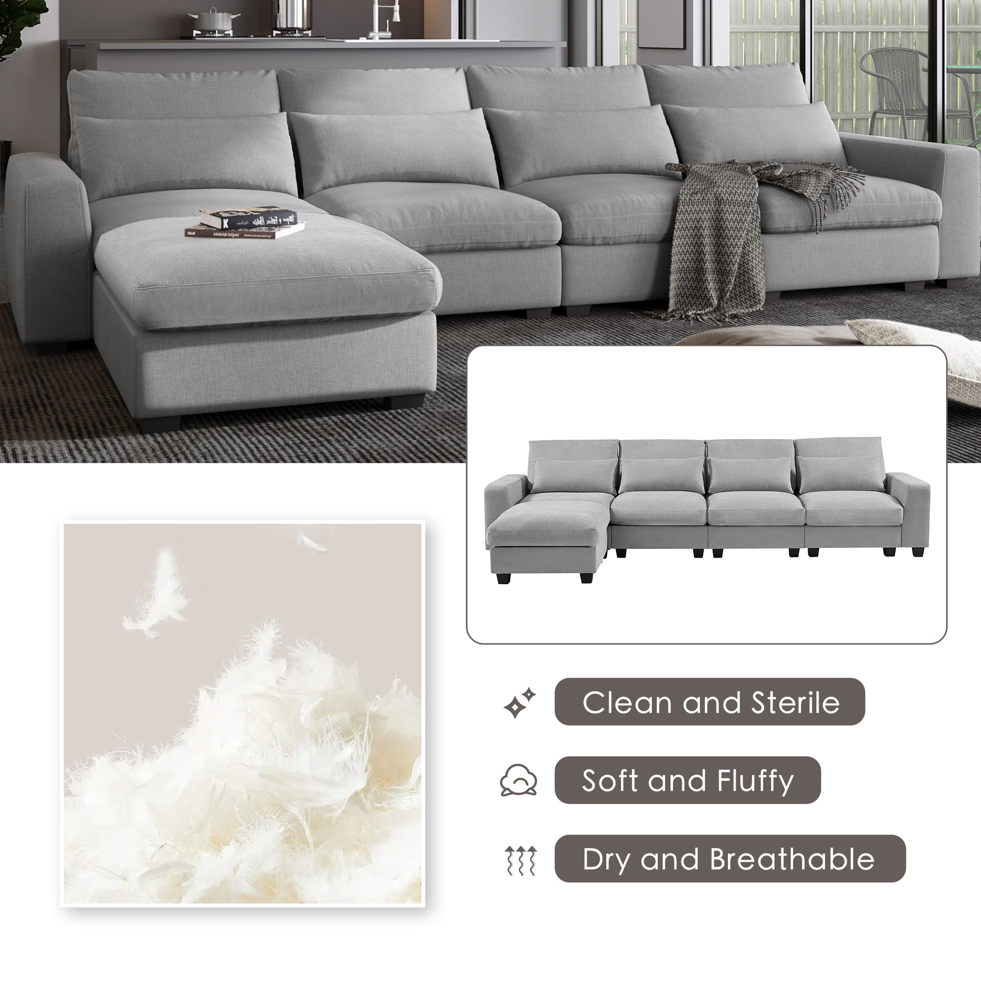 Modern Large L Shape Feather Filled Sectional Sofa, Convertible Sofa Couch With Reversible Chaise For Living Room Light Gray Chenille 5 Seat
