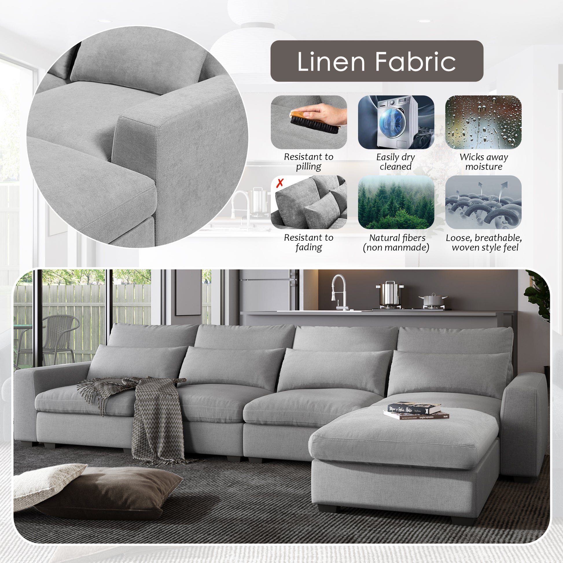 Modern Large L Shape Feather Filled Sectional Sofa, Convertible Sofa Couch With Reversible Chaise For Living Room Light Gray Chenille 5 Seat