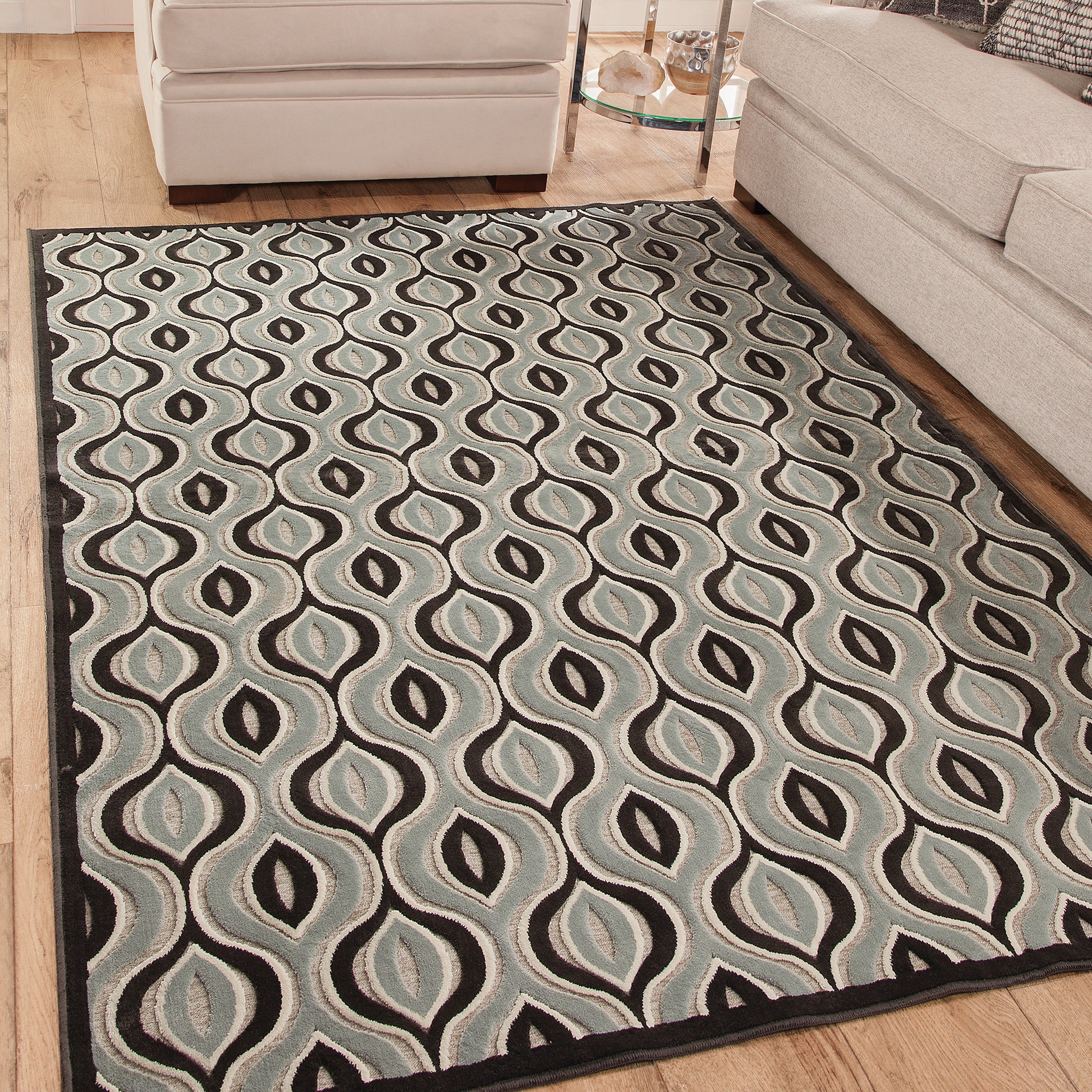 Davlin Black Aqua Grey Area Rug 5X8 Black Chenille