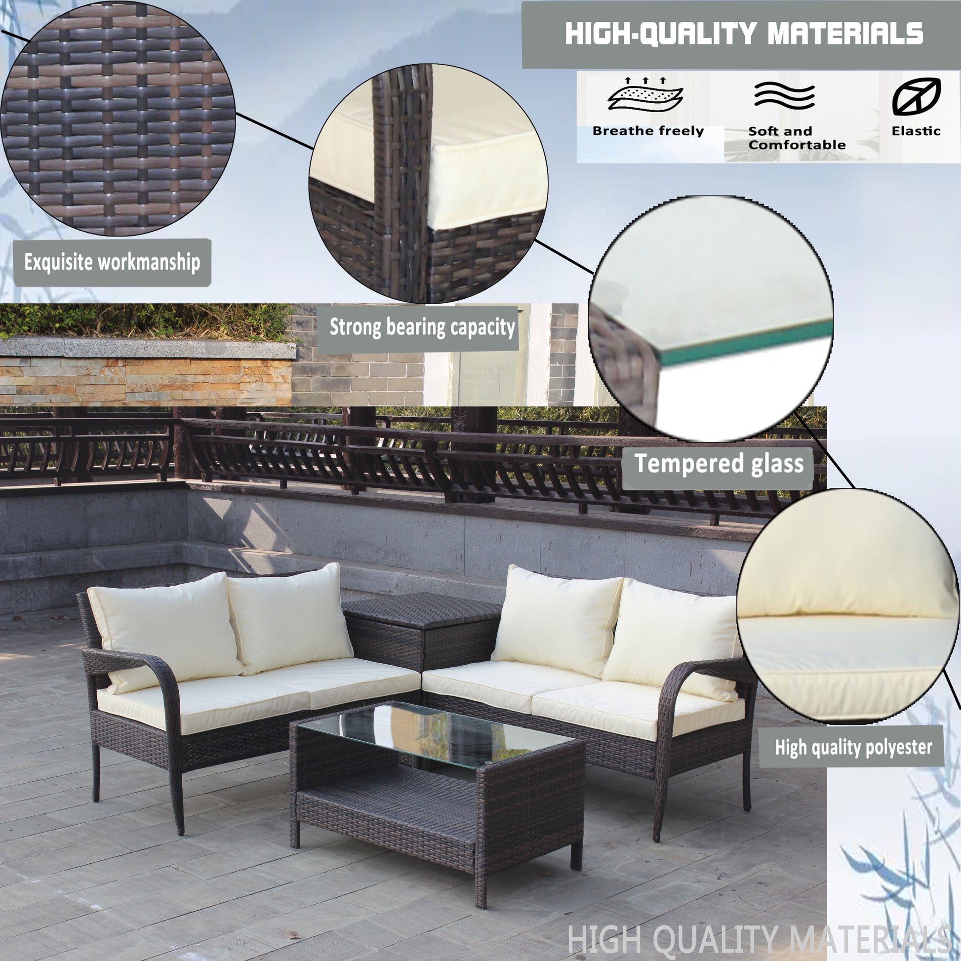 4 Piece Patio Sectional Wicker Rattan Outdoor Furniture Sofa Set With Storage Box Brown Brown Iron