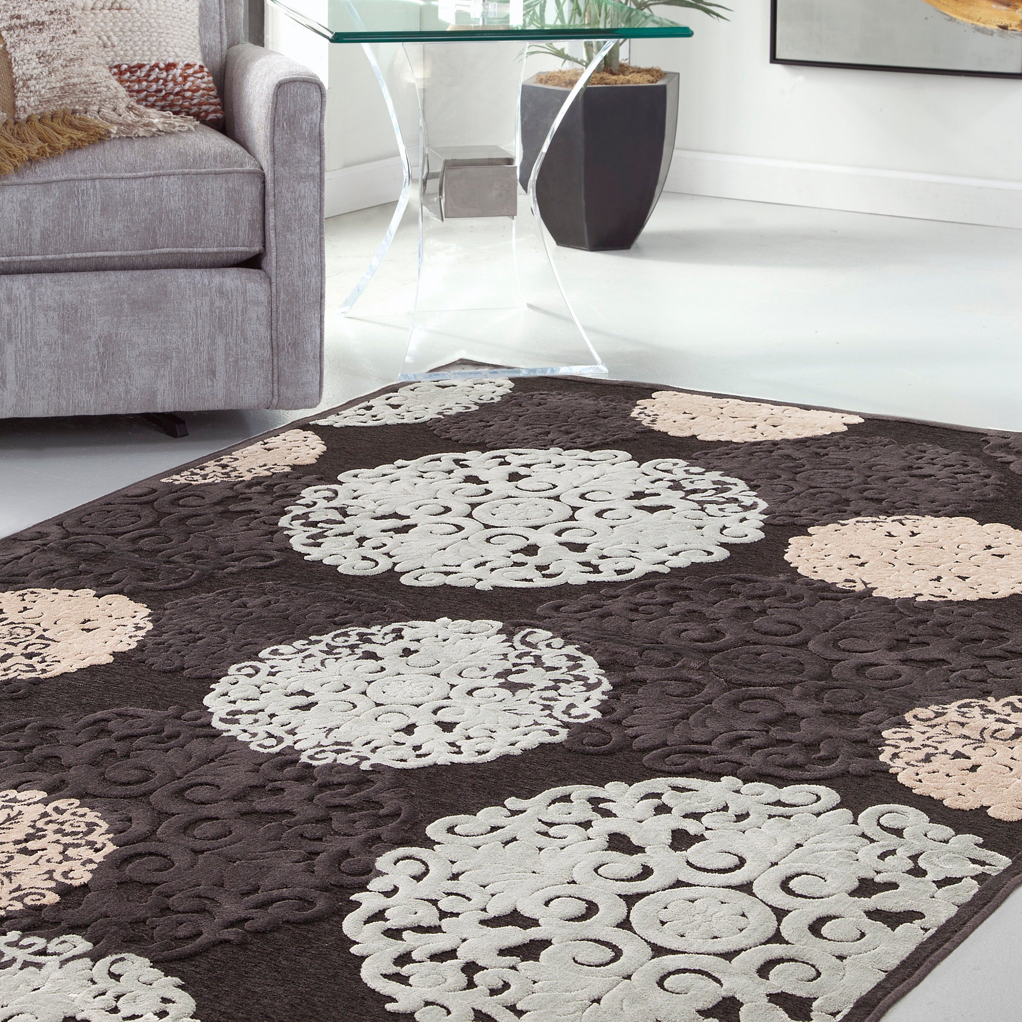 Dante Charcoal Ivory Lt. Blue Area Rug 5X8 Charcoal Grey Chenille