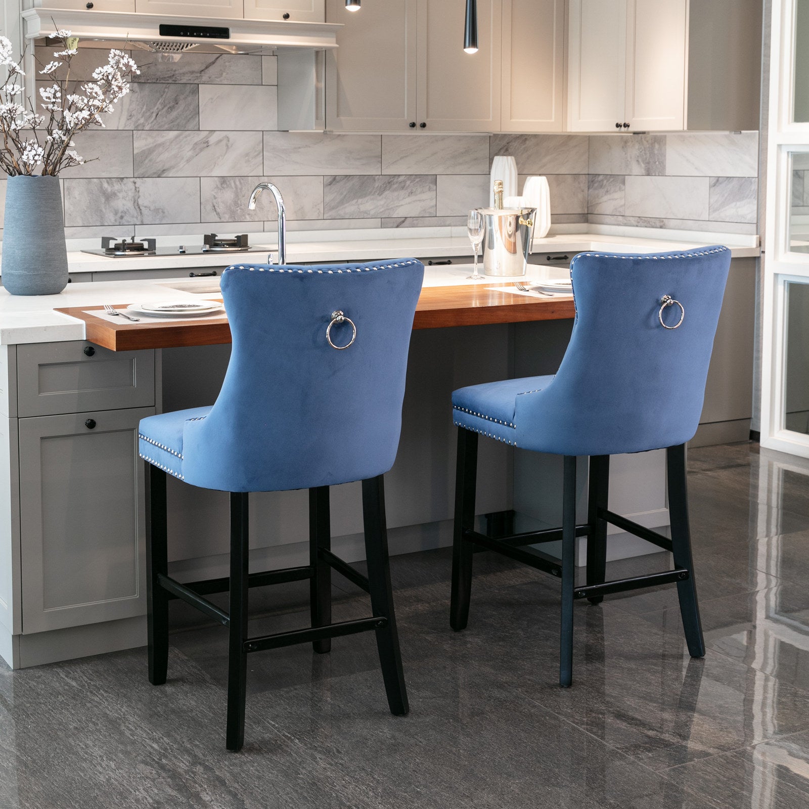 Contemporary Velvet Upholstered Barstools With Button Tufted Decoration And Wooden Legs, And Chrome Trim, Leisure Style Bar Chairs,Bar Stools, Set Of 2 Blue ,Sw2002Bl Blue Seats 2 American Design Rubberwood Foam Velvet