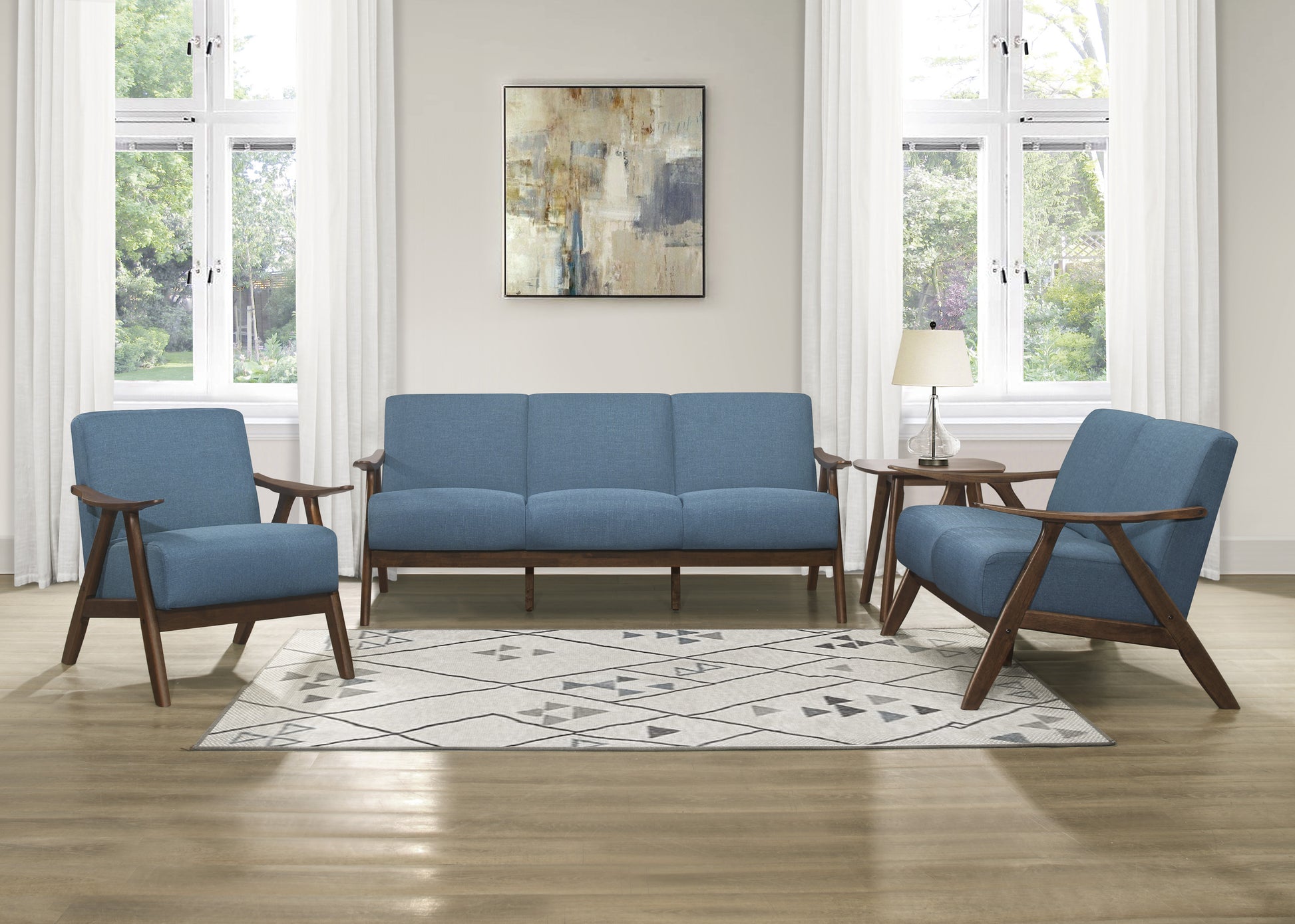 Modern Home Furniture Blue Fabric Upholstered 1Pc Accent Chair Cushion Back And Seat Walnut Finish Solid Rubber Wood Furniture Blue Primary Living Space Retro Solid Wood