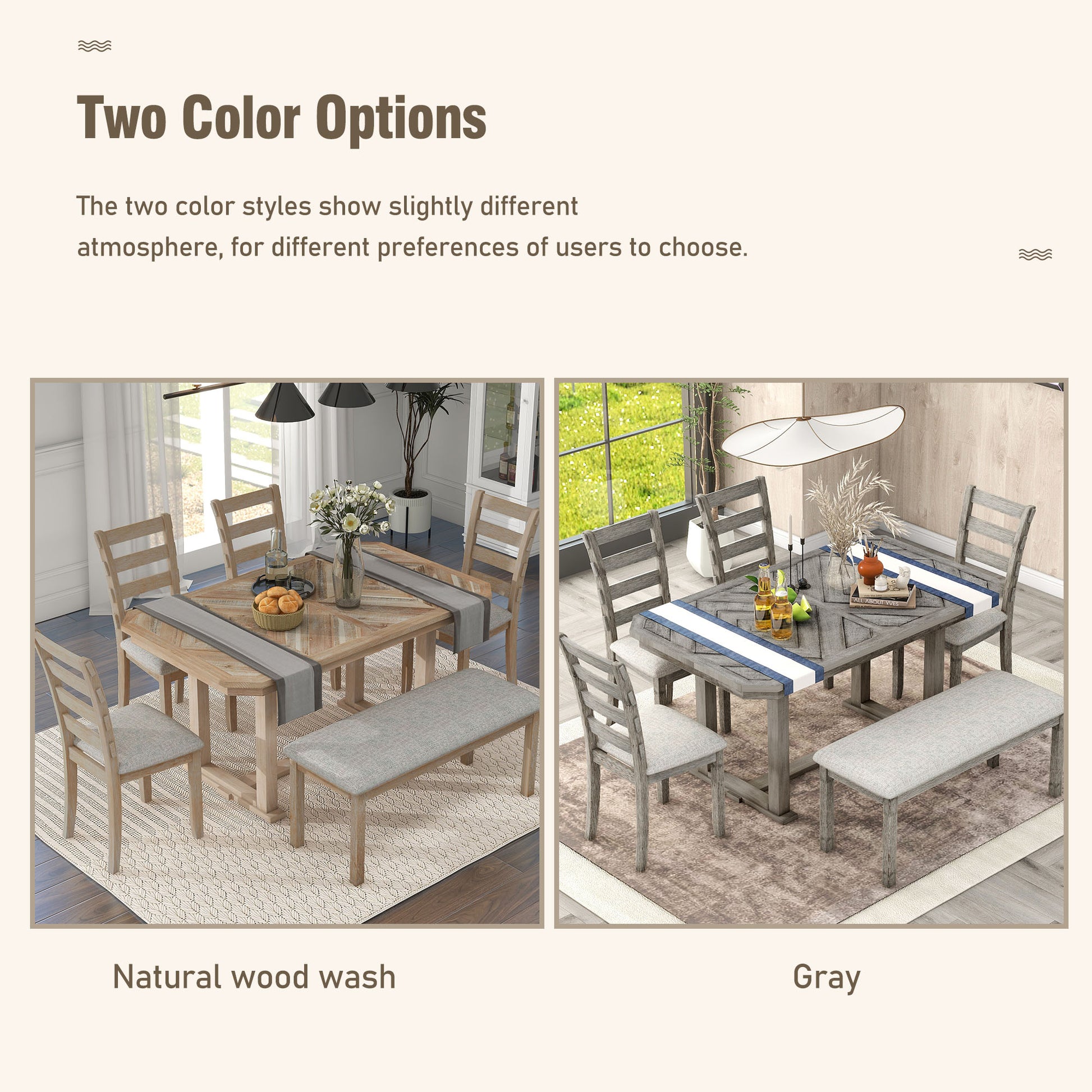 6 Piece Rubber Wood Dining Table Set With Beautiful Wood Grain Pattern Tabletop Solid Wood Veneer And Soft Cushion Natural Wood Wash Natural Wood Wash Solid Wood
