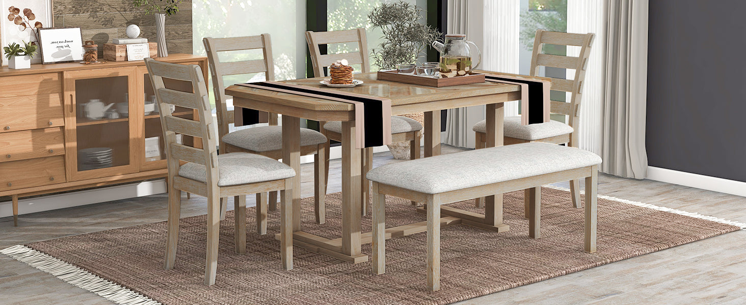 6 Piece Rubber Wood Dining Table Set With Beautiful Wood Grain Pattern Tabletop Solid Wood Veneer And Soft Cushion Natural Wood Wash Natural Wood Wash Solid Wood