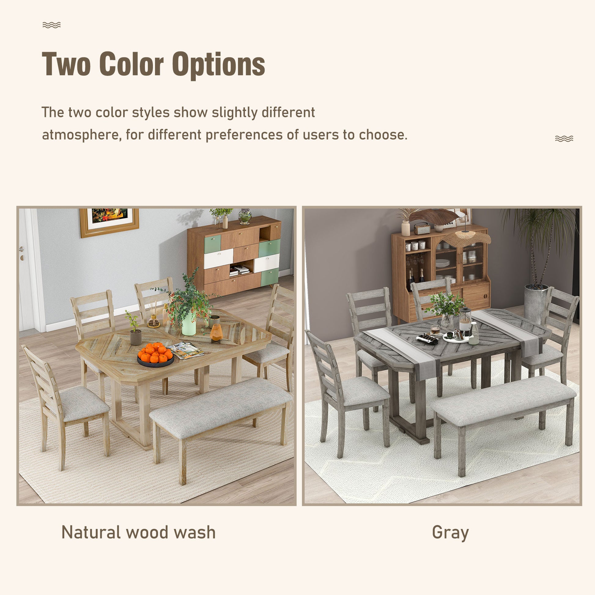 6 Piece Rubber Wood Dining Table Set With Beautiful Wood Grain Pattern Tabletop Solid Wood Veneer And Soft Cushion Gray Gray Solid Wood