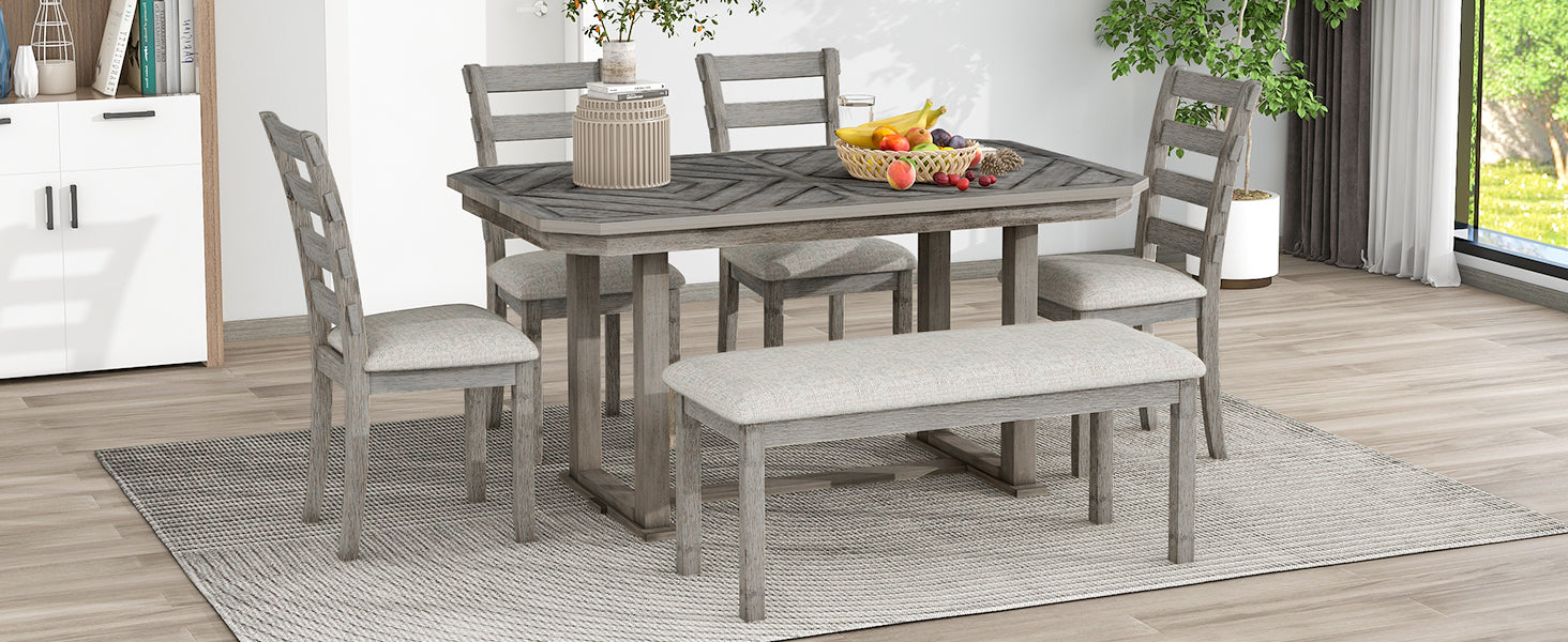 6 Piece Rubber Wood Dining Table Set With Beautiful Wood Grain Pattern Tabletop Solid Wood Veneer And Soft Cushion Gray Gray Solid Wood
