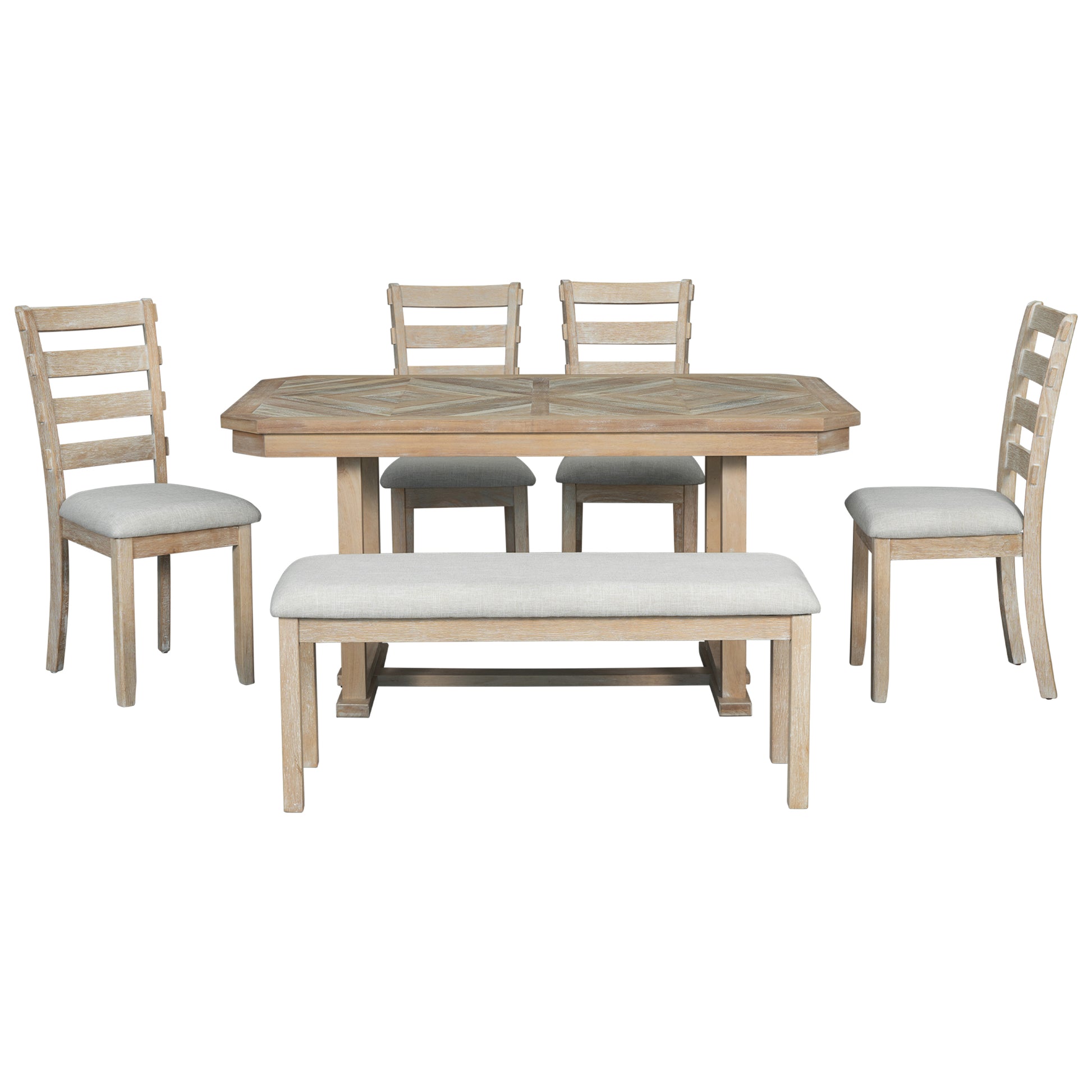 6 Piece Rubber Wood Dining Table Set With Beautiful Wood Grain Pattern Tabletop Solid Wood Veneer And Soft Cushion Natural Wood Wash Natural Wood Wash Solid Wood