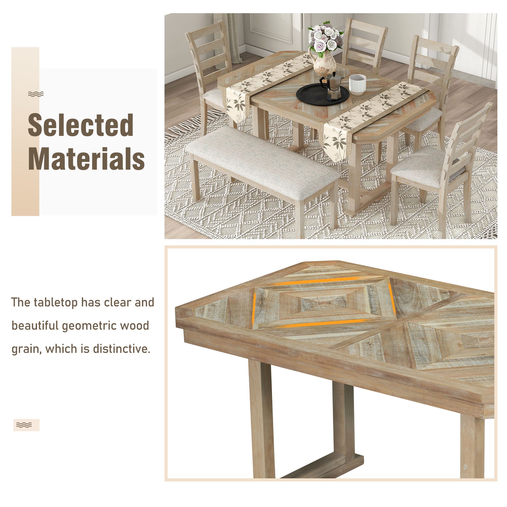 6 Piece Rubber Wood Dining Table Set With Beautiful Wood Grain Pattern Tabletop Solid Wood Veneer And Soft Cushion Natural Wood Wash Natural Wood Wash Solid Wood
