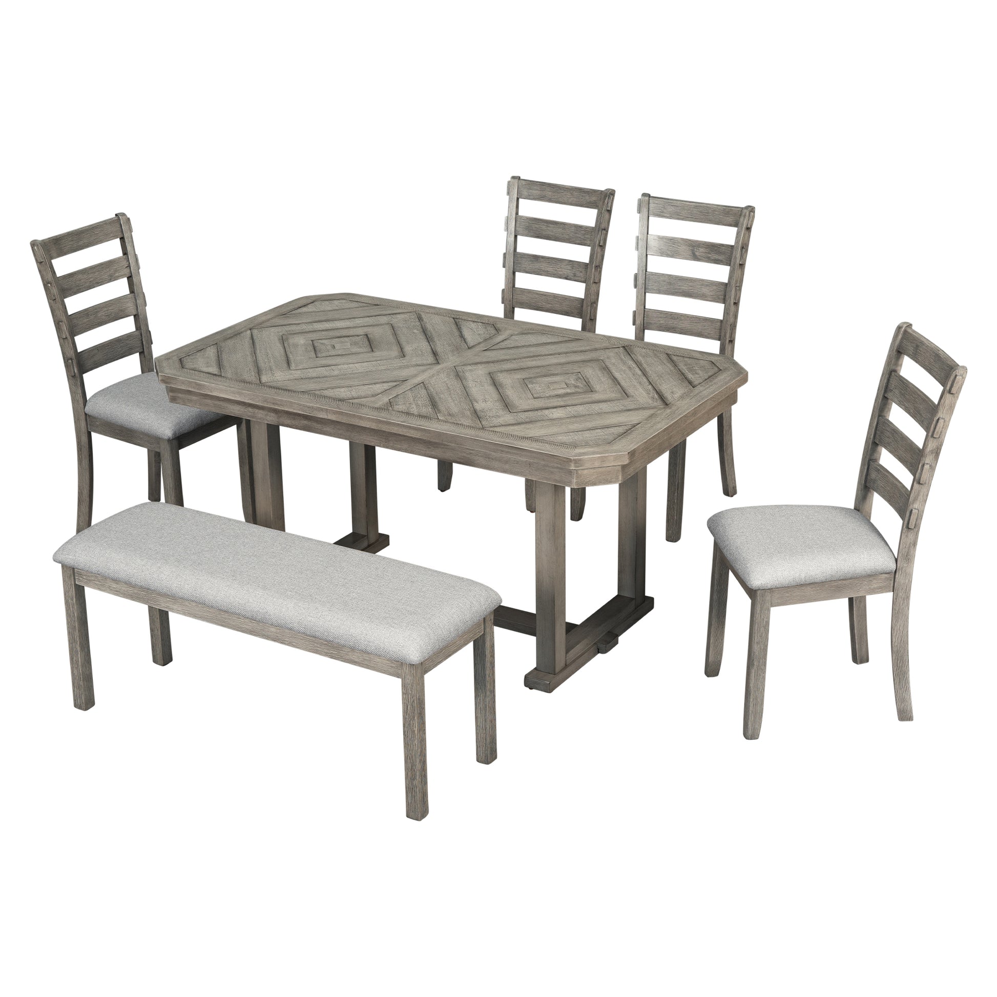 6 Piece Rubber Wood Dining Table Set With Beautiful Wood Grain Pattern Tabletop Solid Wood Veneer And Soft Cushion Gray Gray Solid Wood