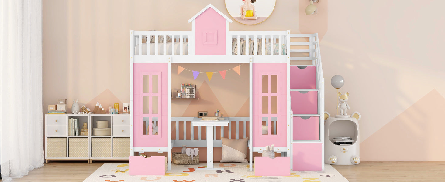 Twin Over Twin Bunk Bed With Changeable Table, Bunk Bed Turn Into Upper Bed And Down Desk Pink Twin Pink Solid Wood