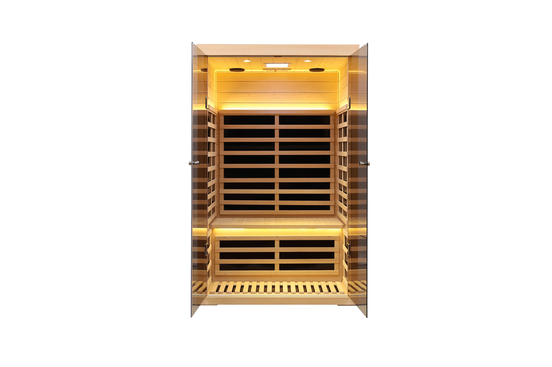 Two Person Wide Space Hemlock Double Doors Great Glass Luxury Indoor Natural Metal & Wood