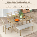 6 Piece Rubber Wood Dining Table Set With Beautiful Wood Grain Pattern Tabletop Solid Wood Veneer And Soft Cushion Natural Wood Wash Natural Wood Wash Solid Wood