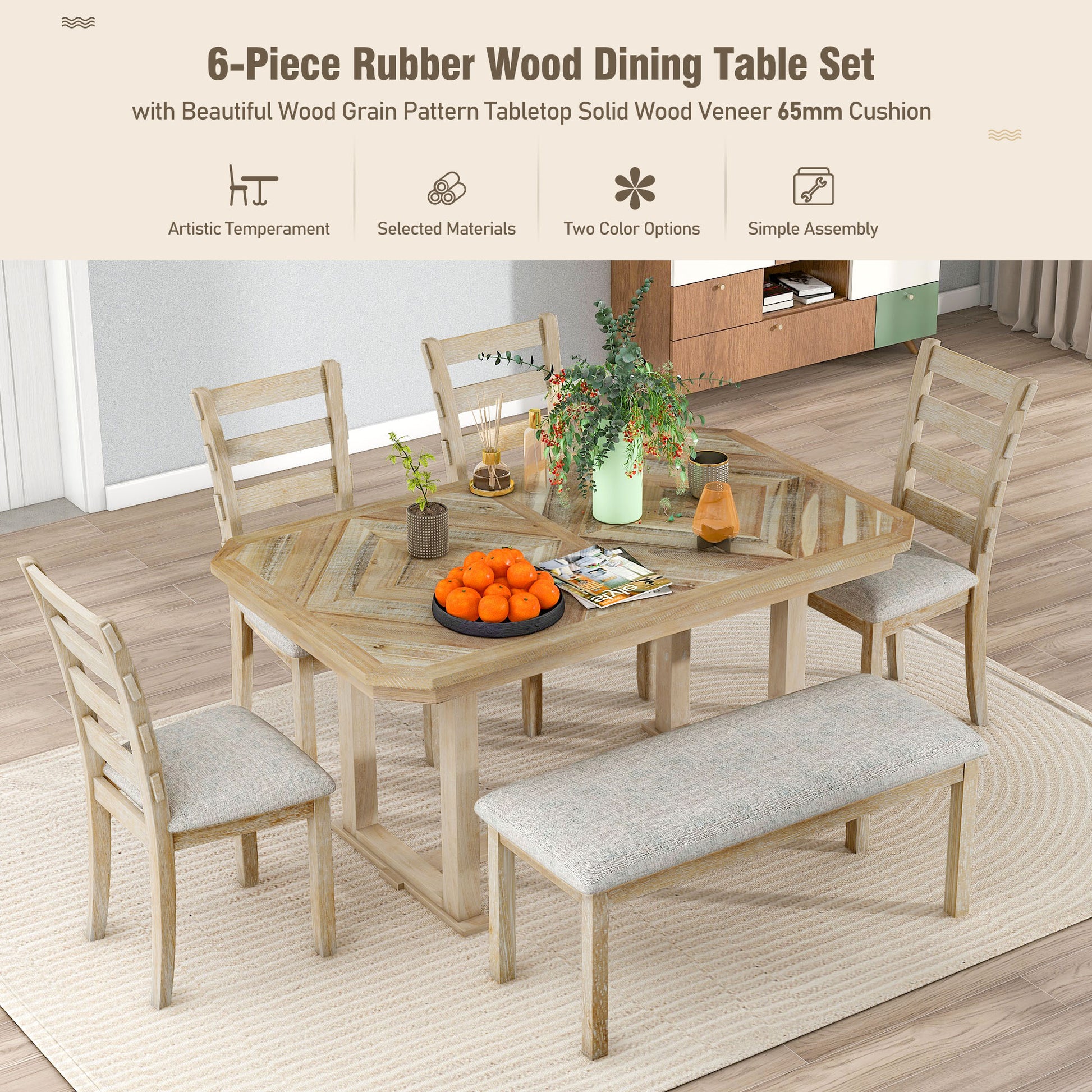 6 Piece Rubber Wood Dining Table Set With Beautiful Wood Grain Pattern Tabletop Solid Wood Veneer And Soft Cushion Natural Wood Wash Natural Wood Wash Solid Wood