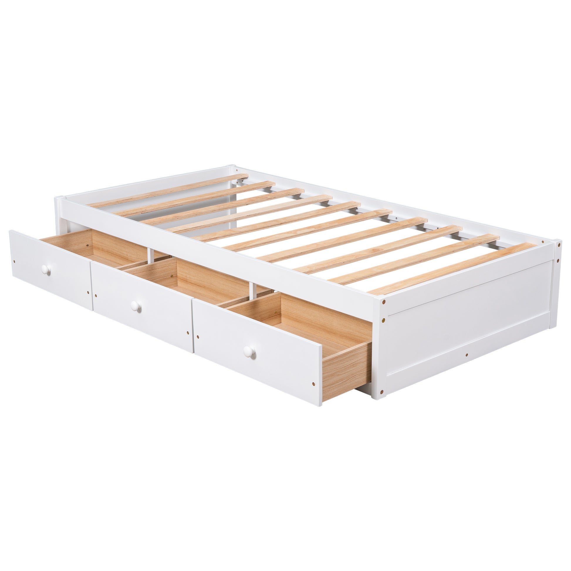 Twin Size Platform Storage Bed With 3 Drawers,White White Solid Wood