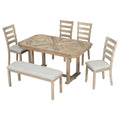 6 Piece Rubber Wood Dining Table Set With Beautiful Wood Grain Pattern Tabletop Solid Wood Veneer And Soft Cushion Natural Wood Wash Natural Wood Wash Solid Wood