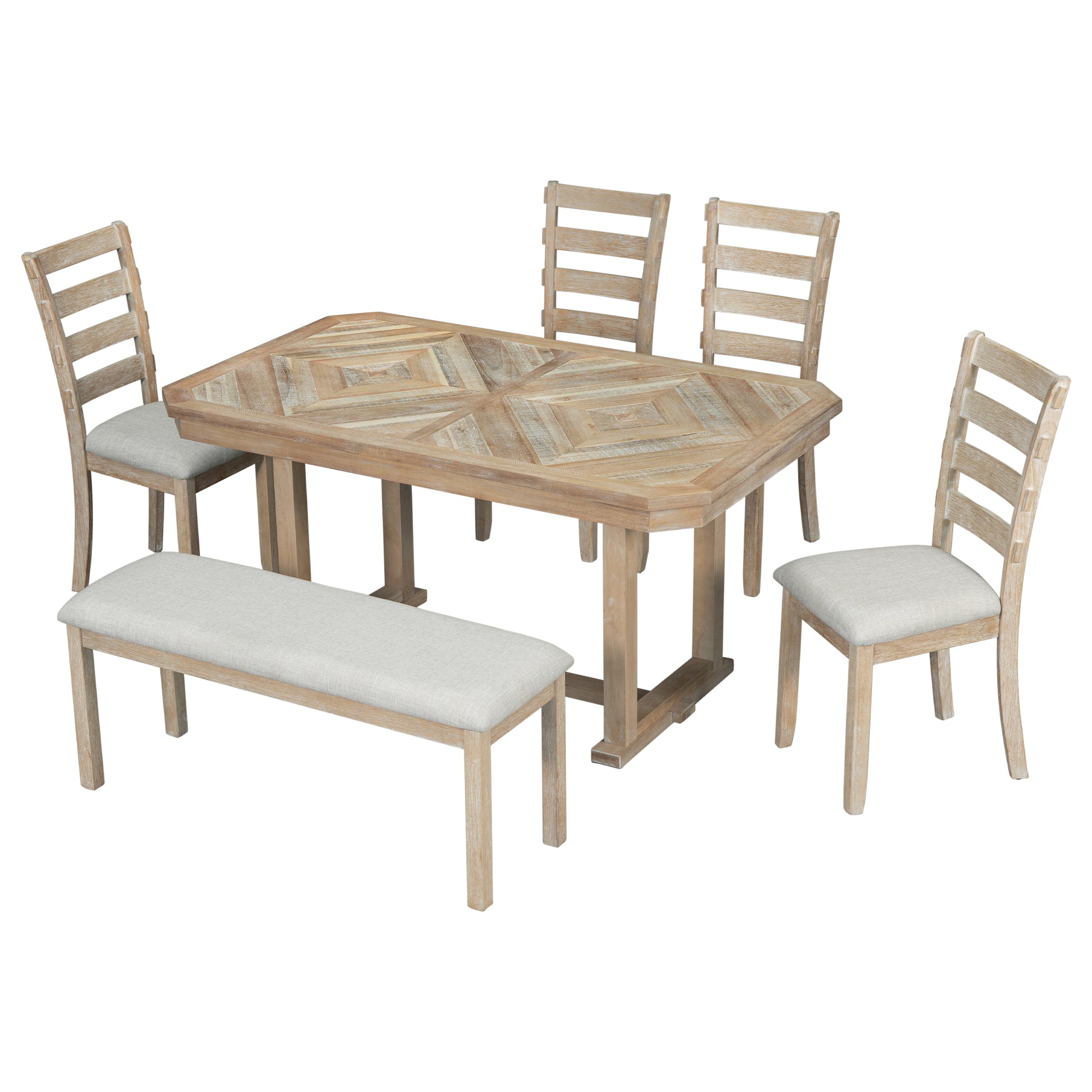 6 Piece Rubber Wood Dining Table Set With Beautiful Wood Grain Pattern Tabletop Solid Wood Veneer And Soft Cushion Natural Wood Wash Natural Wood Wash Solid Wood