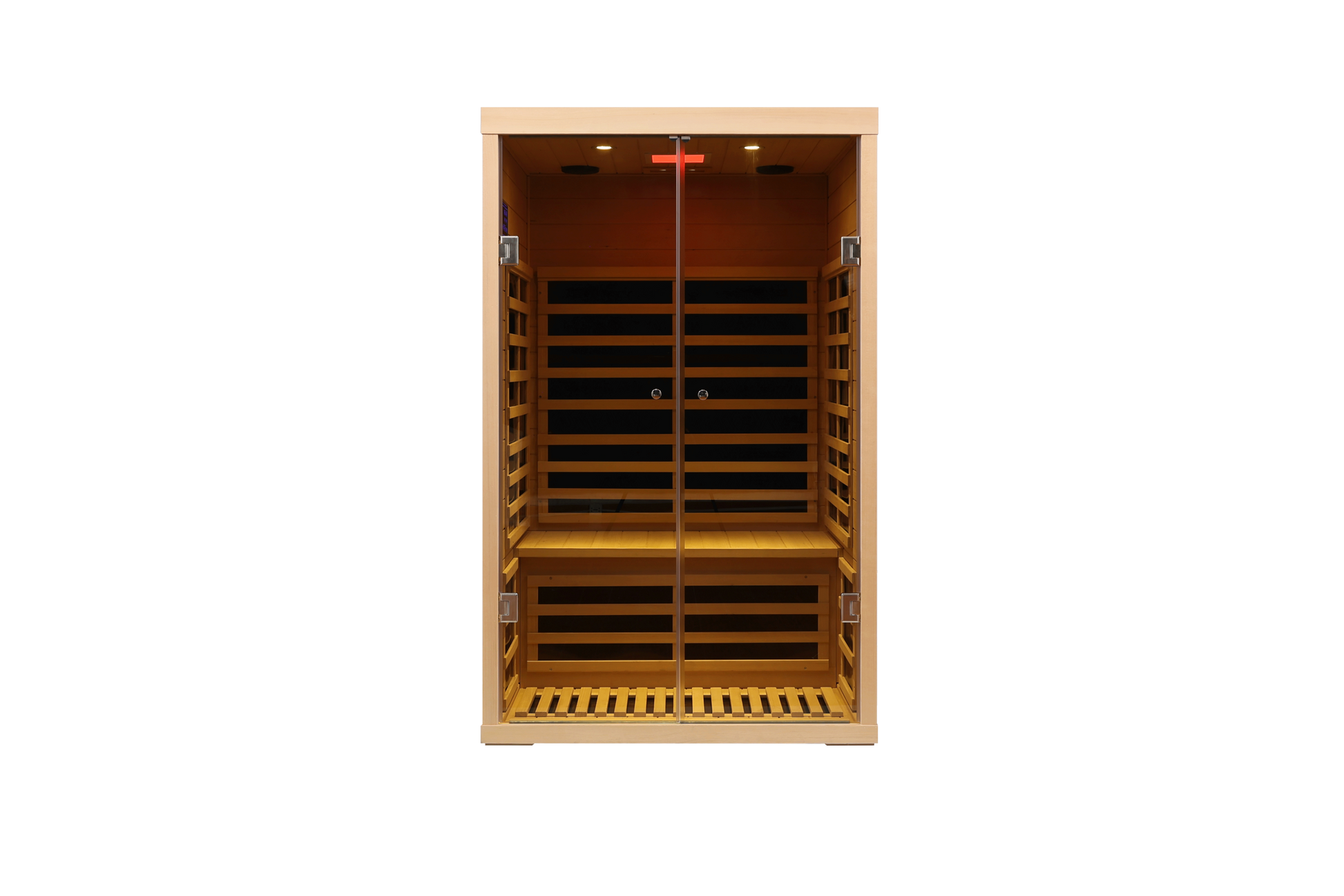 Two Person Wide Space Hemlock Double Doors Great Glass Luxury Indoor Natural Metal & Wood