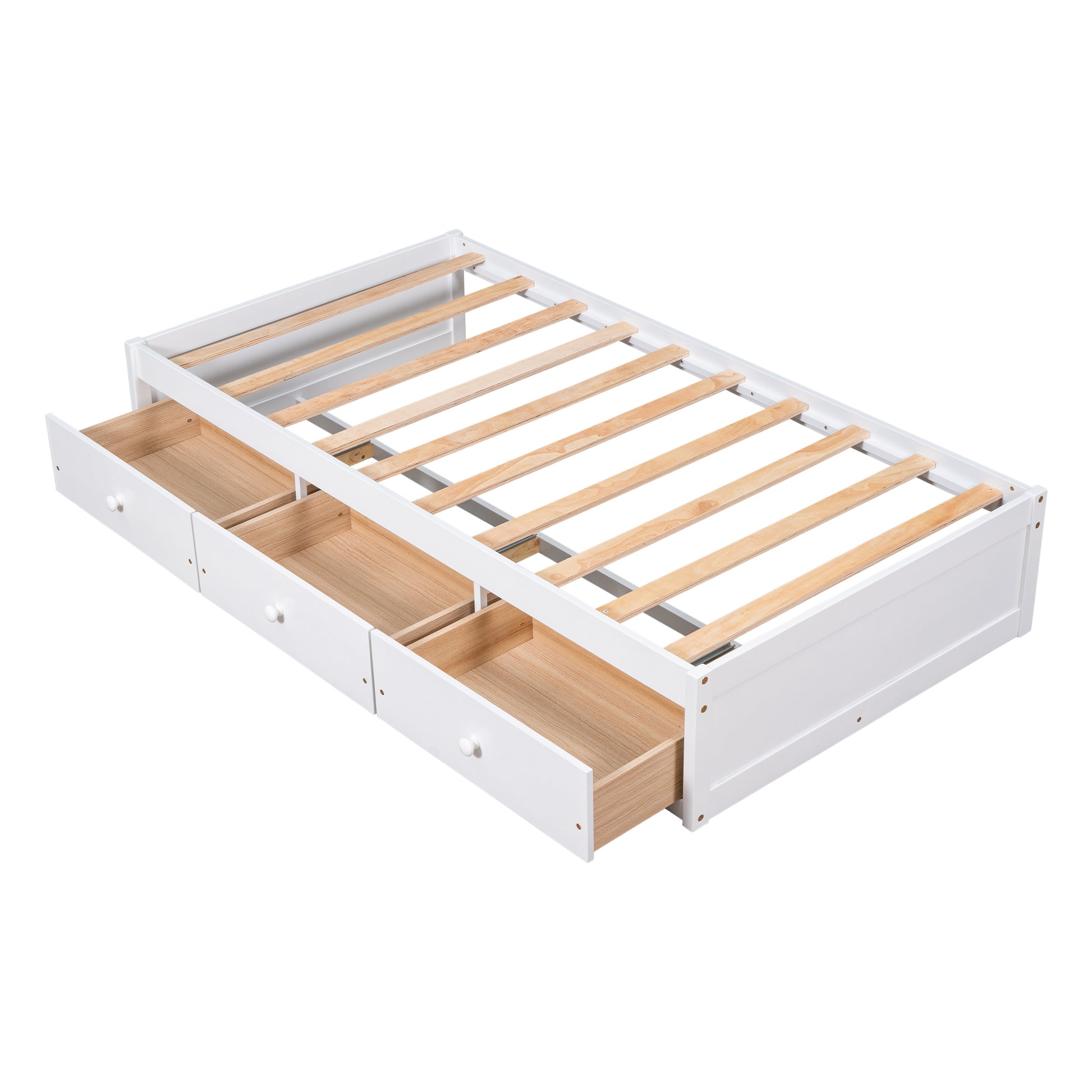 Twin Size Platform Storage Bed With 3 Drawers,White White Solid Wood