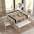 6 Piece Rubber Wood Dining Table Set With Beautiful Wood Grain Pattern Tabletop Solid Wood Veneer And Soft Cushion Natural Wood Wash Natural Wood Wash Solid Wood