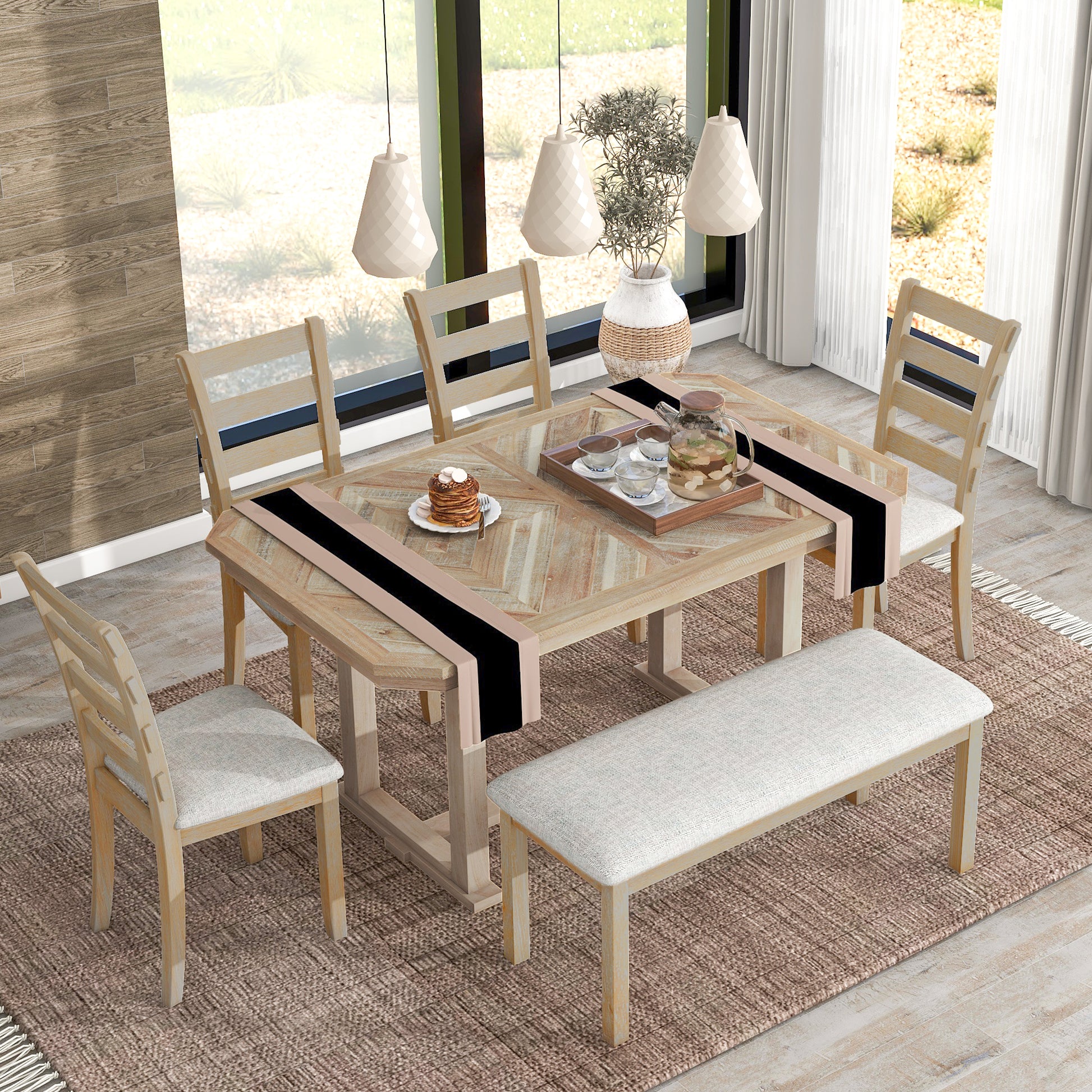 6 Piece Rubber Wood Dining Table Set With Beautiful Wood Grain Pattern Tabletop Solid Wood Veneer And Soft Cushion Natural Wood Wash Natural Wood Wash Solid Wood