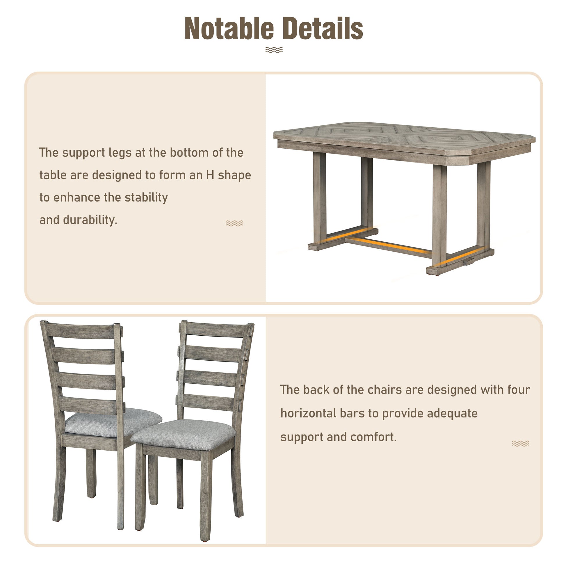 6 Piece Rubber Wood Dining Table Set With Beautiful Wood Grain Pattern Tabletop Solid Wood Veneer And Soft Cushion Gray Gray Solid Wood