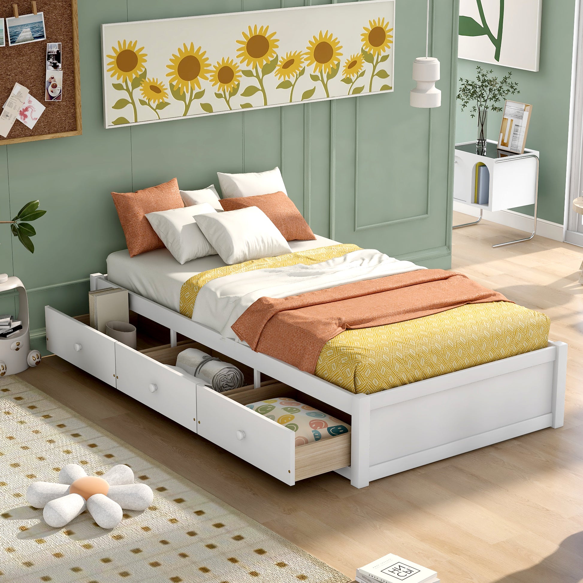Twin Size Platform Storage Bed With 3 Drawers,White White Solid Wood