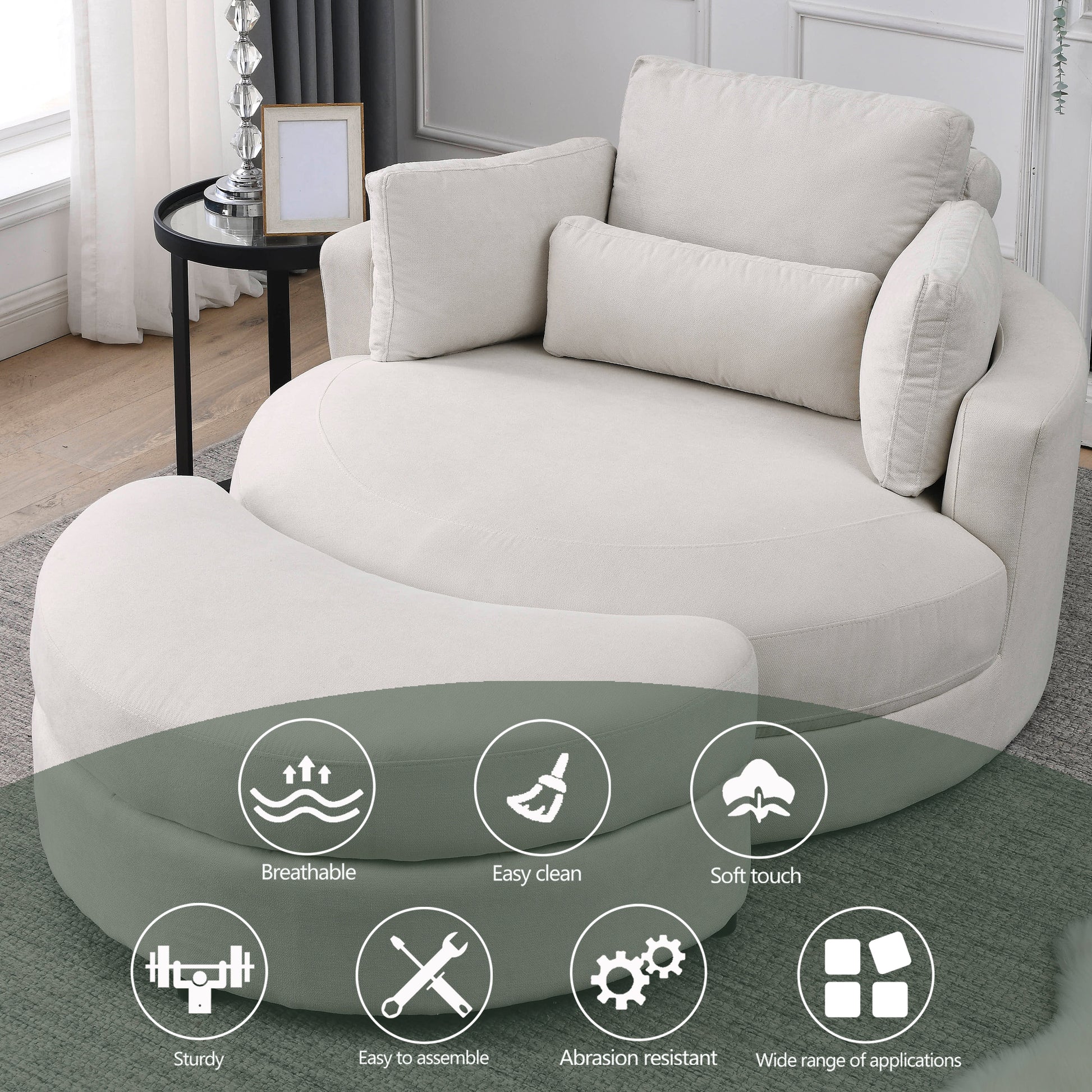 Video Welike Swivel Accent Barrel Modern Sofa Lounge Club Big Round Chair With Storage Ottoman Linen Fabric For Living Room Hotel With Pillows Beige Foam Fabric