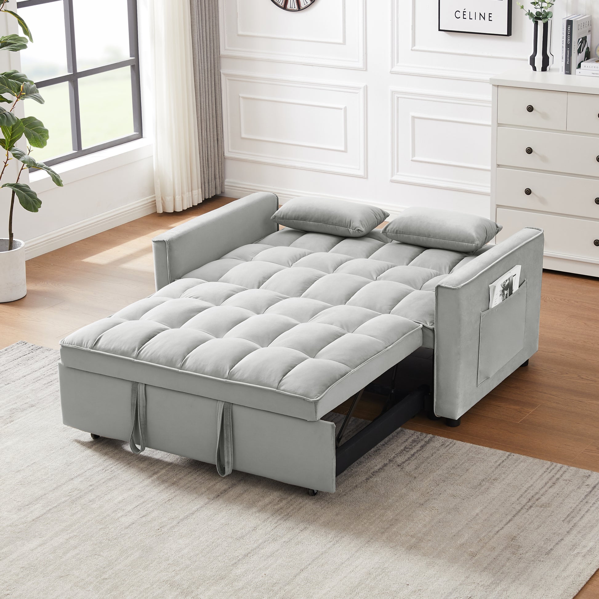 Modern Velvet Loveseat Futon Sofa Couch W Pullout Bed,Small Beautiful Seat Lounge Sofa W Reclining Backrest,Toss Pillows, Pockets,Furniture For Living Room,3 In 1 Convertible Sleeper Sofa Bed, Gray Gray Velvet 2 Seat